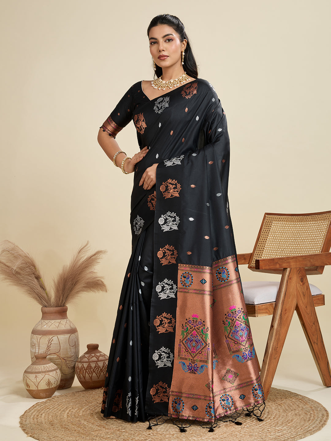 Jyoti Fashion Women's Black Soft Kanjivaram Paithani Silk Zari Woven Designer Saree with Blouse