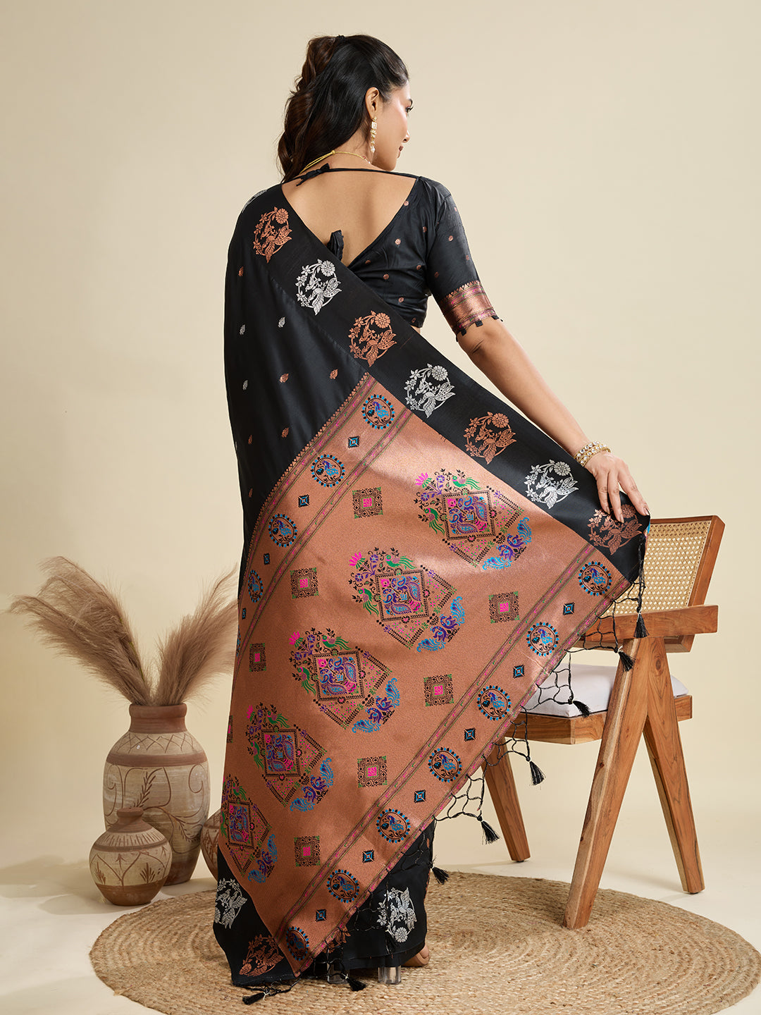 Jyoti Fashion Women's Black Soft Kanjivaram Paithani Silk Zari Woven Designer Saree with Blouse