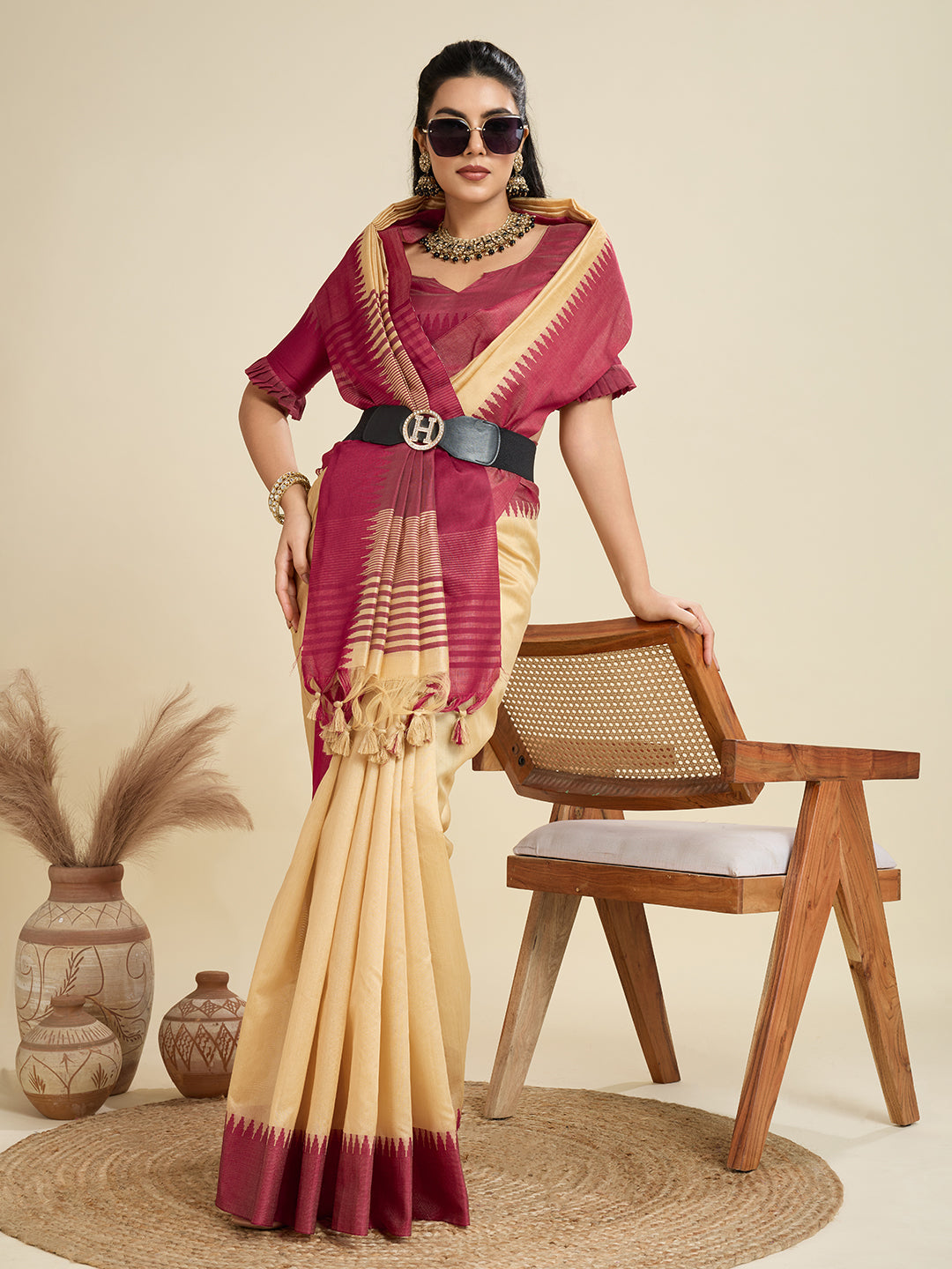 Jyoti Fashion Women's Cream Khadi Raw Silk Temple Woven Border Designer Saree with Blouse