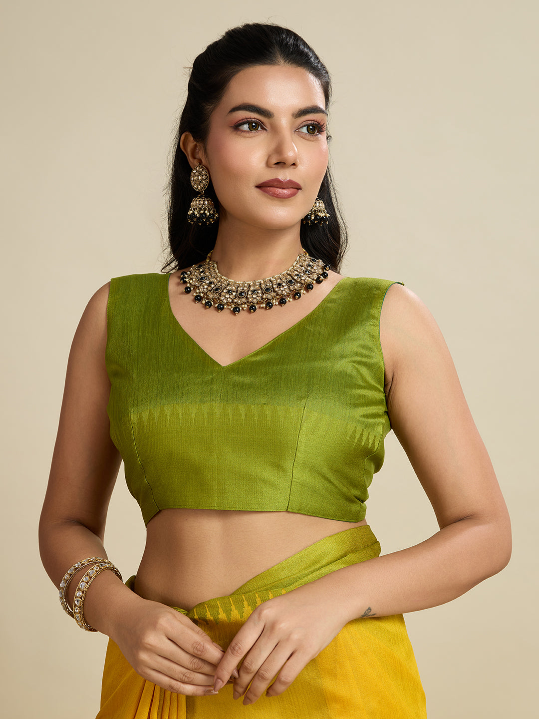 Jyoti Fashion Women's Yellow Khadi Raw Silk Temple Woven Border Designer Saree with Blouse