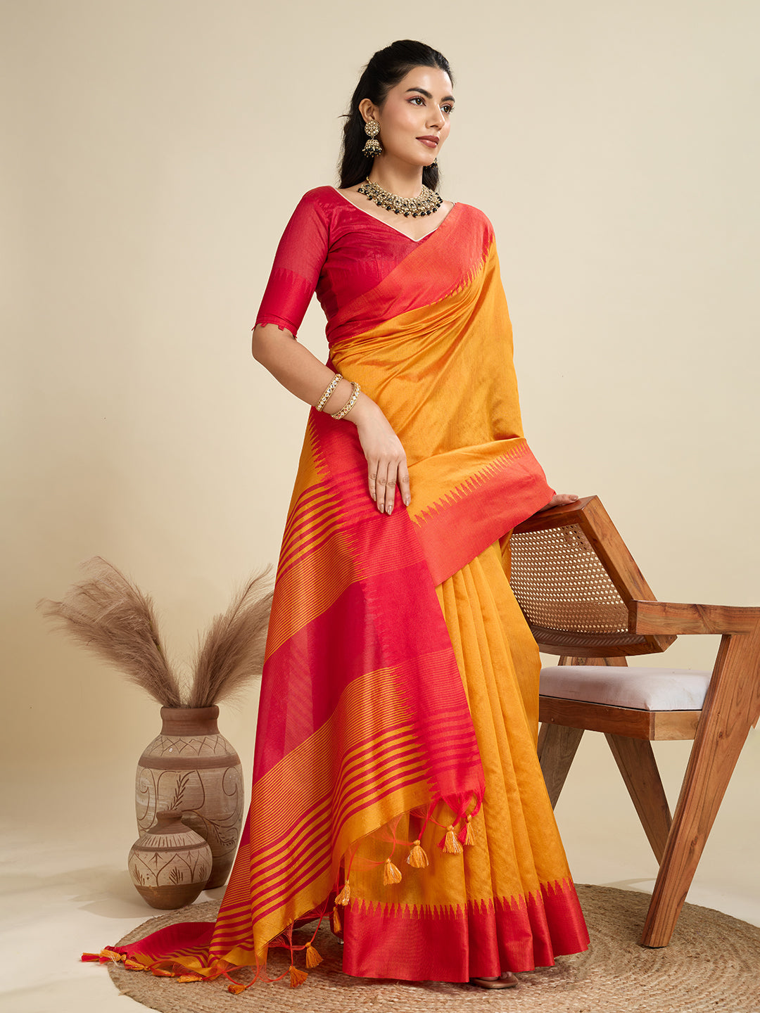 Jyoti Fashion Women's Mustard Khadi Raw Silk Temple Woven Border Designer Saree with Blouse
