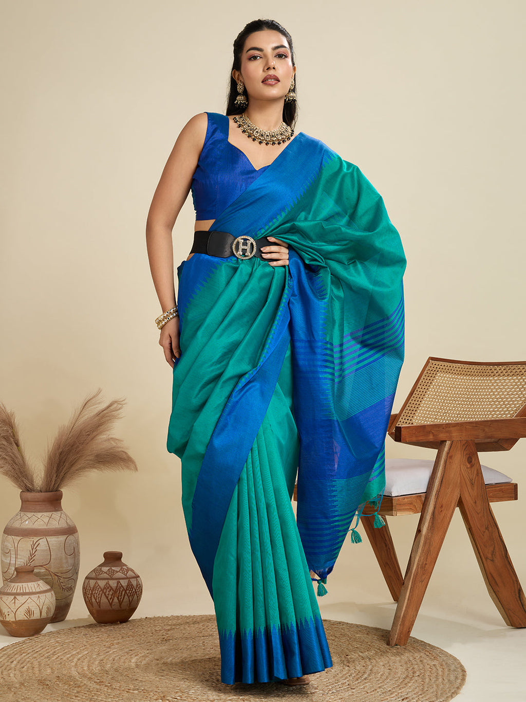 Jyoti Fashion Women's Rama Khadi Raw Silk Temple Woven Border Designer Saree with Blouse