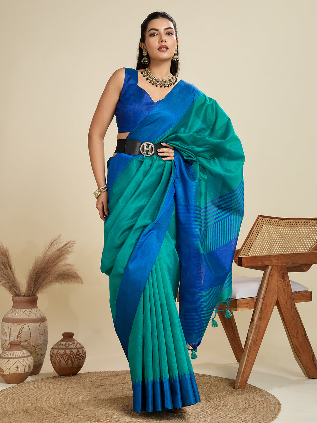 Jyoti Fashion Women's Rama Khadi Raw Silk Temple Woven Border Designer Saree with Blouse
