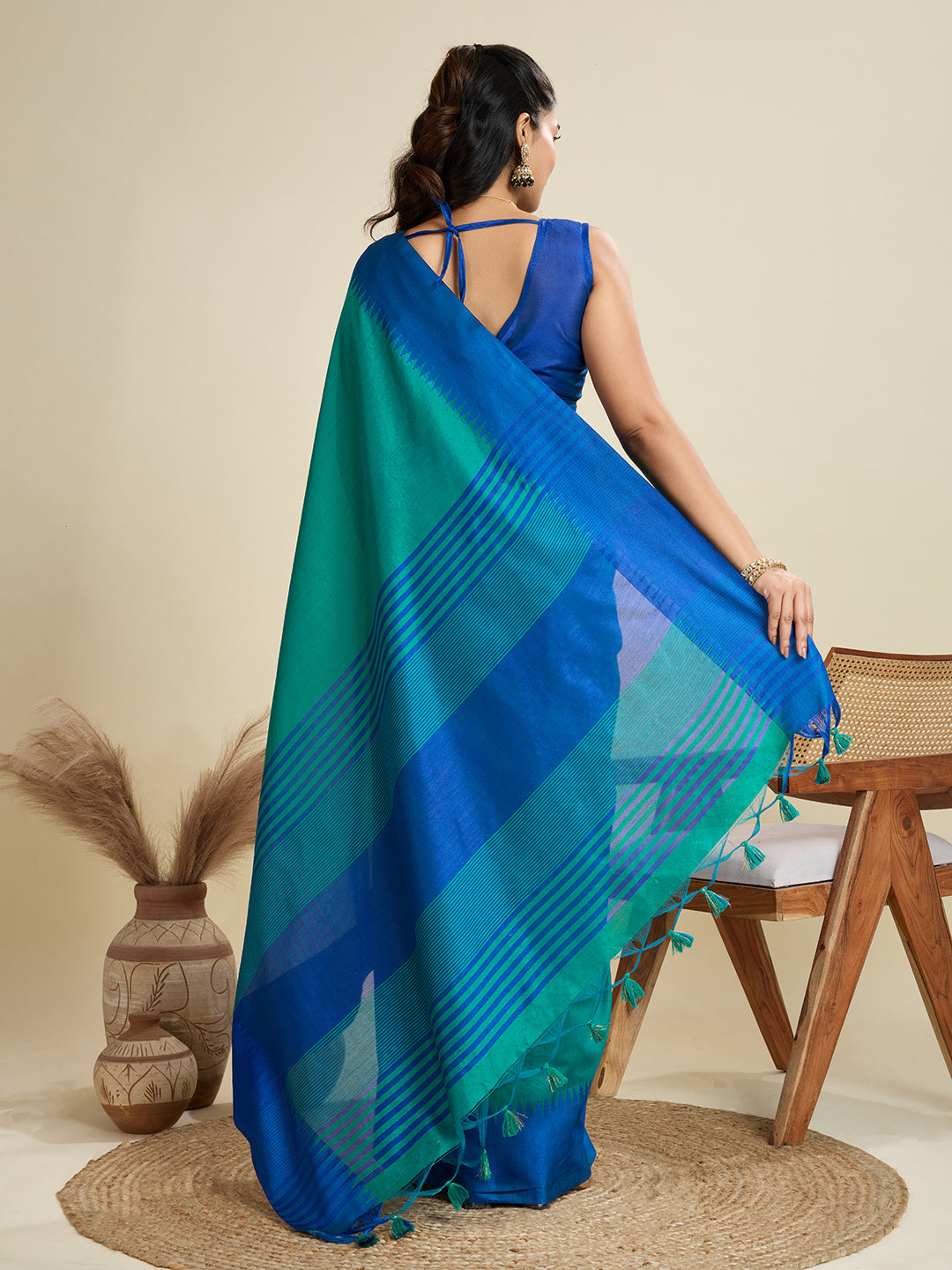 Jyoti Fashion Women's Rama Khadi Raw Silk Temple Woven Border Designer Saree with Blouse