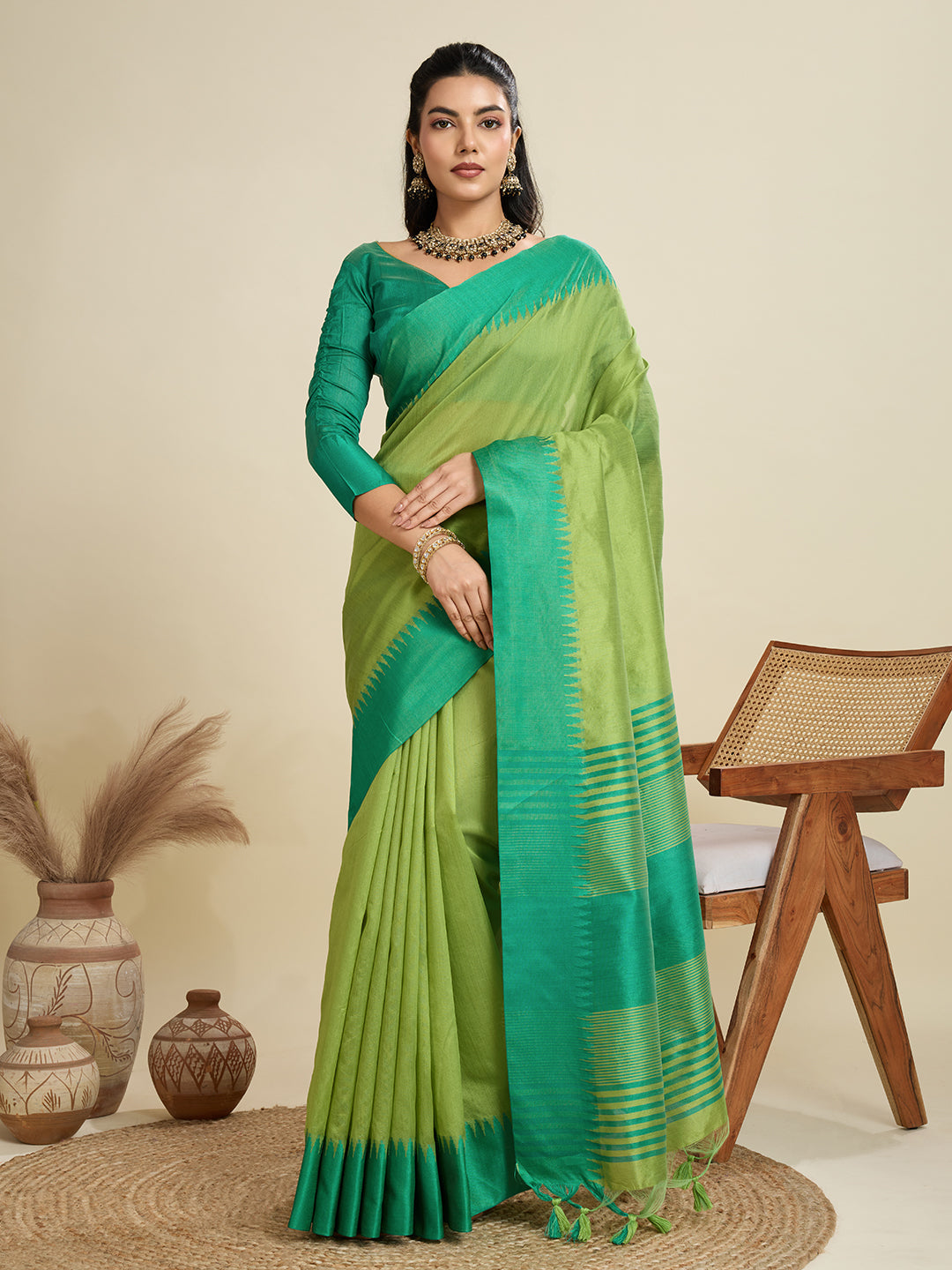 Jyoti Fashion Women's Mehendi Khadi Raw Silk Temple Woven Border Designer Saree with Blouse