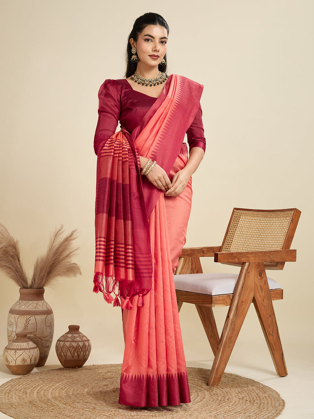 Jyoti Fashion Women's Peach Khadi Raw Silk Temple Woven Border Designer Saree with Blouse