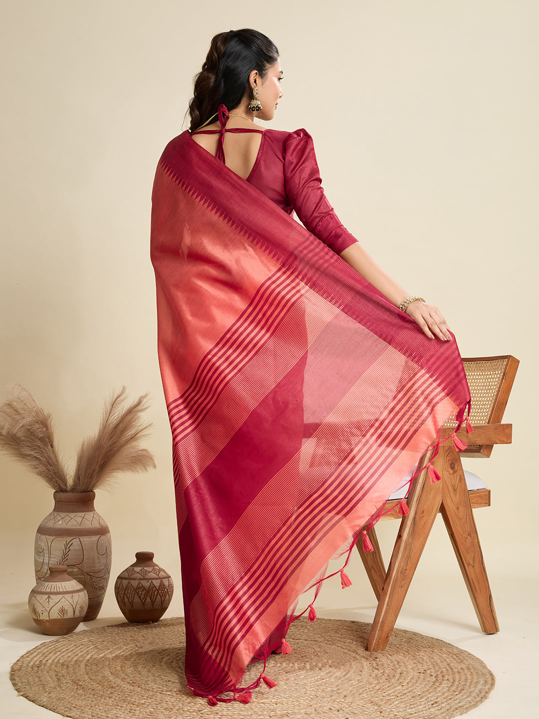 Jyoti Fashion Women's Peach Khadi Raw Silk Temple Woven Border Designer Saree with Blouse