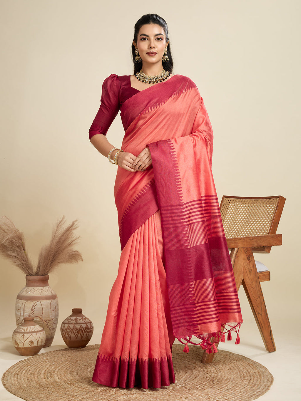 Jyoti Fashion Women's Peach Khadi Raw Silk Temple Woven Border Designer Saree with Blouse