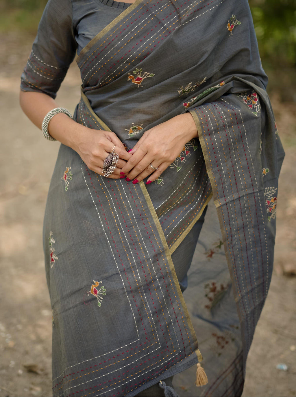 Jyoti Fashion Women's Grey Tussar Silk Traditional Thread Work Designer Saree with Blouse