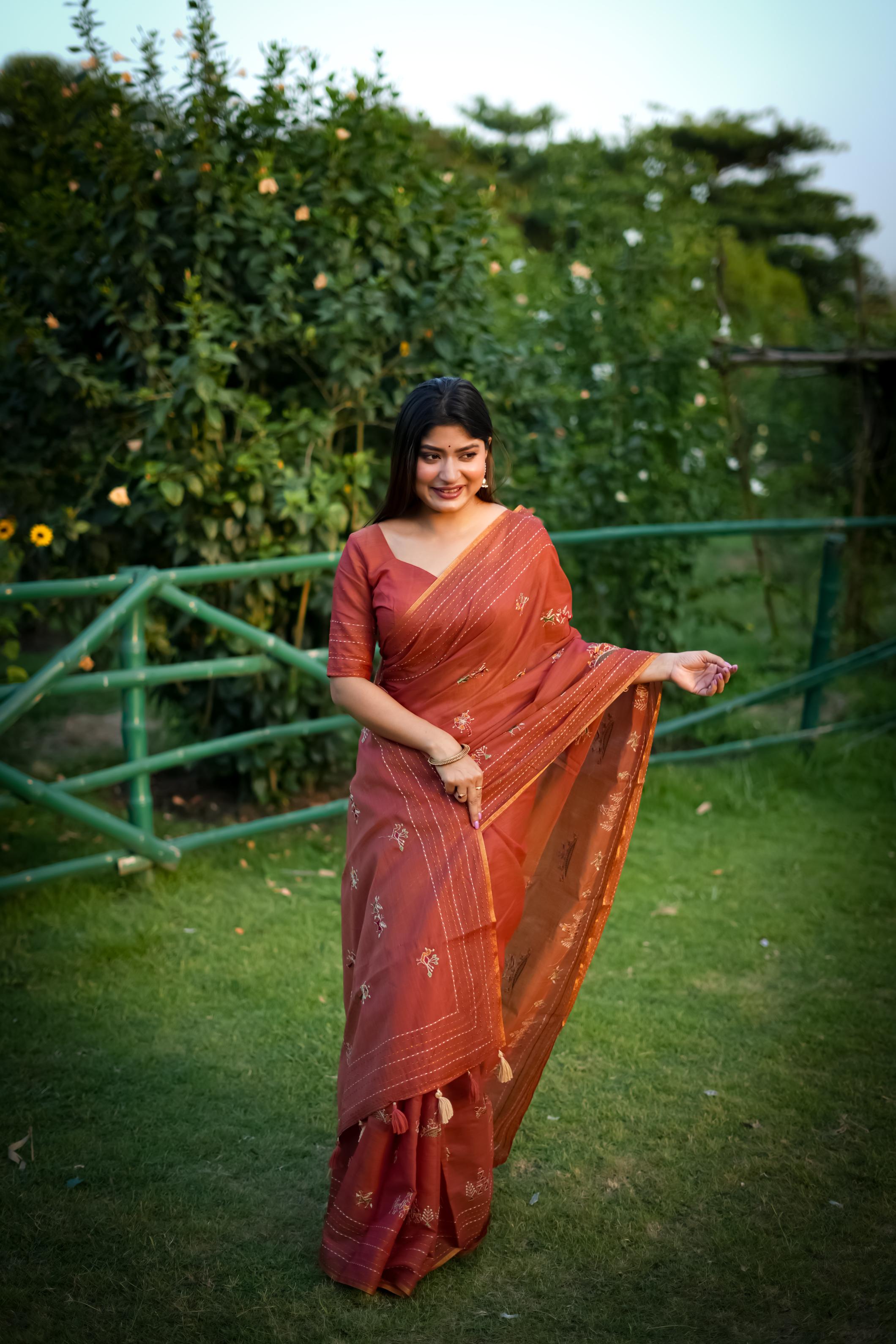 Jyoti Fashion Women's Orange Tussar Silk Traditional Thread Work Designer Saree with Blouse