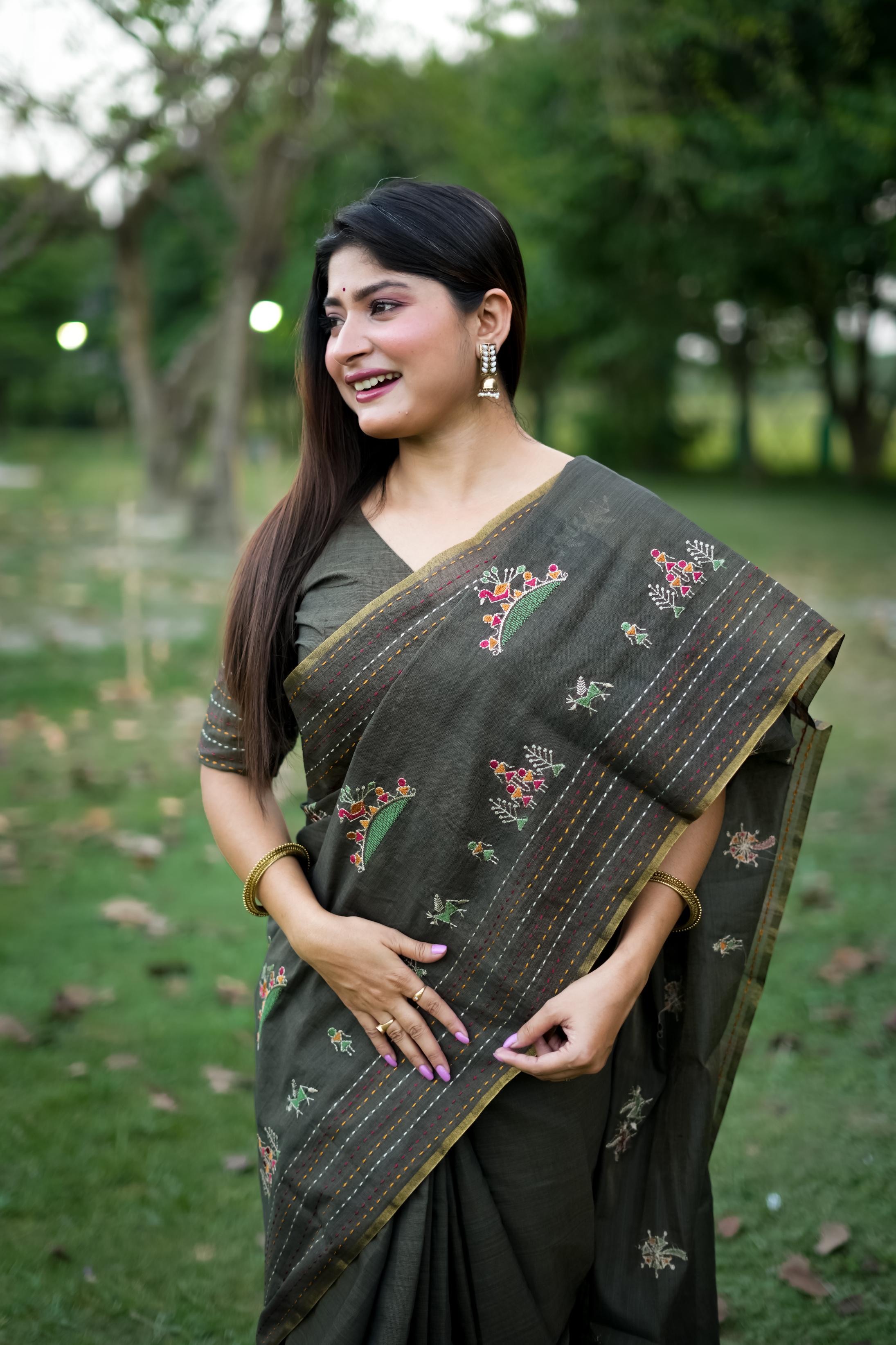 Jyoti Fashion Women's Black Tussar Silk Traditional Thread Work Designer Saree with Blouse