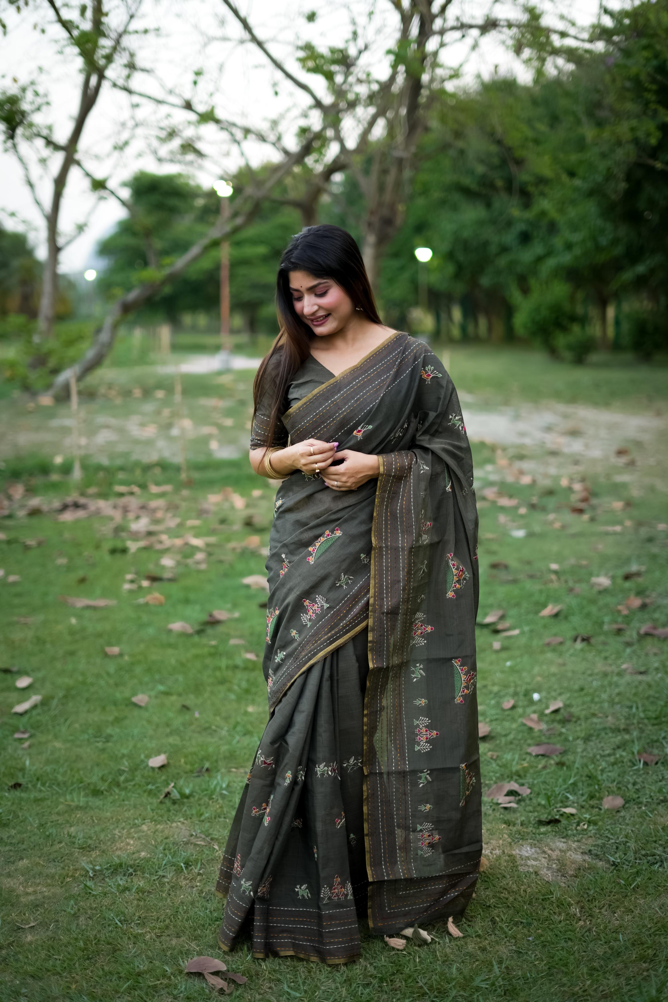 Jyoti Fashion Women's Black Tussar Silk Traditional Thread Work Designer Saree with Blouse