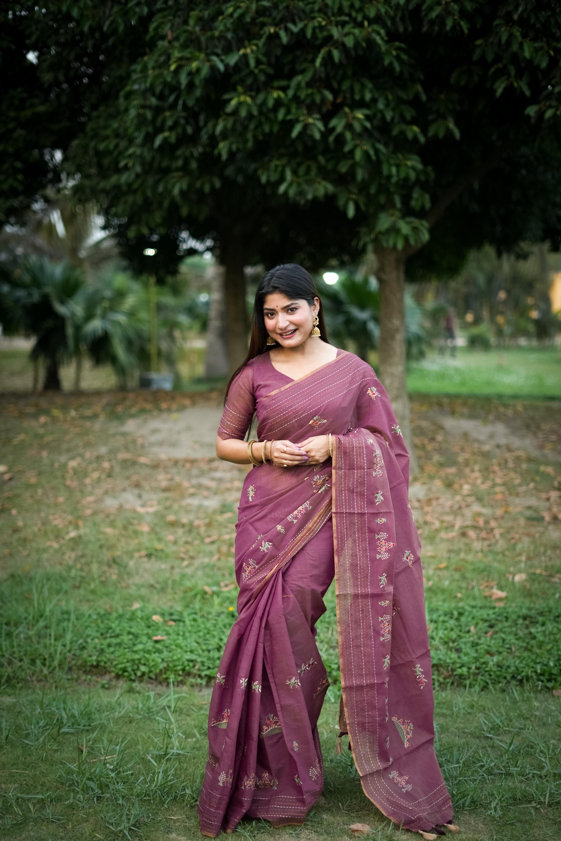 Jyoti Fashion Women's Wine Tussar Silk Traditional Thread Work Designer Saree with Blouse