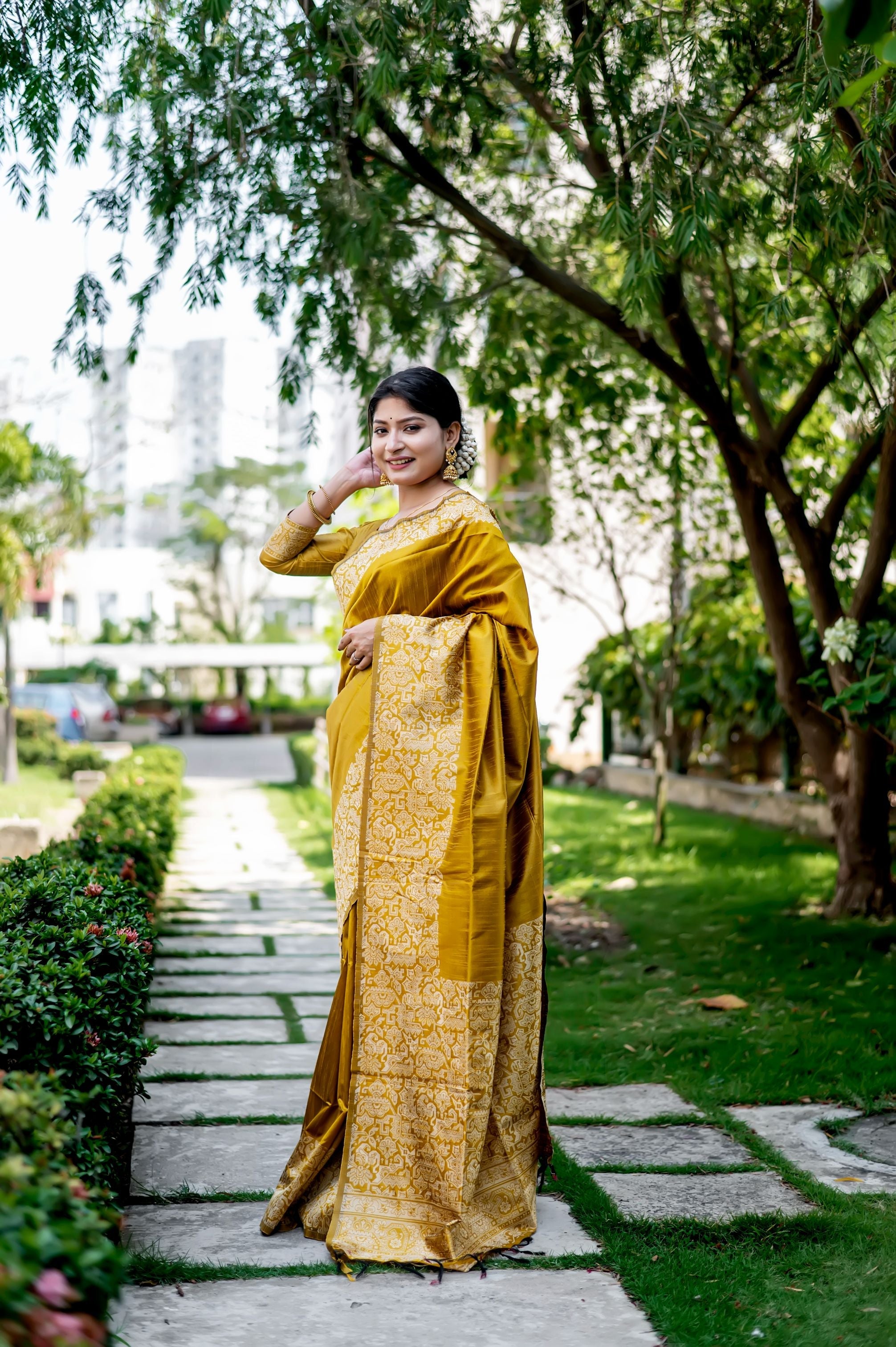 Jyoti Fashion Women's Mustard Handloom Raw Silk Weaving Designer Saree with Blouse