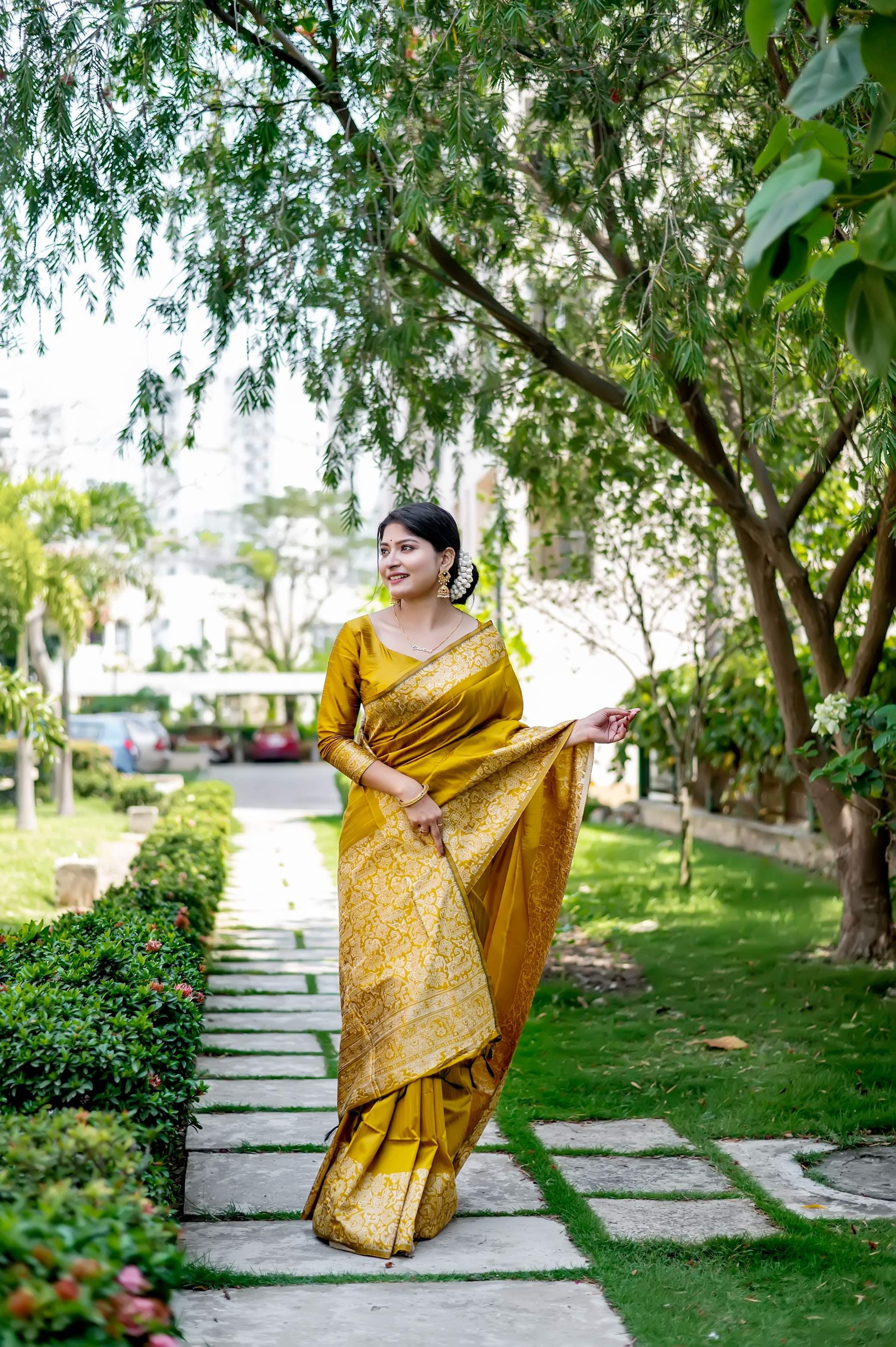 Jyoti Fashion Women's Mustard Handloom Raw Silk Weaving Designer Saree with Blouse