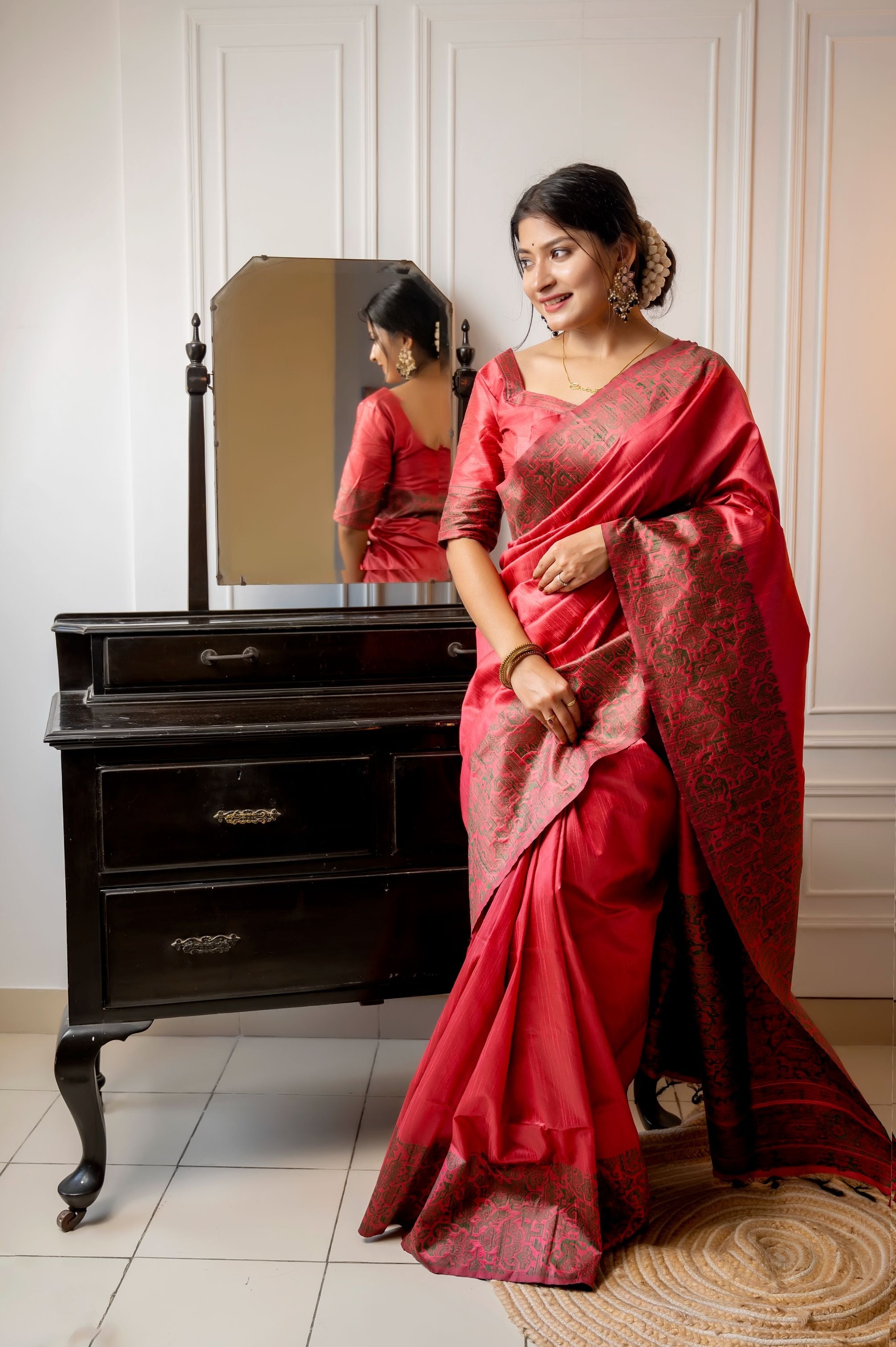 Jyoti Fashion Women's Gajri Red Handloom Raw Silk Weaving Designer Saree with Blouse