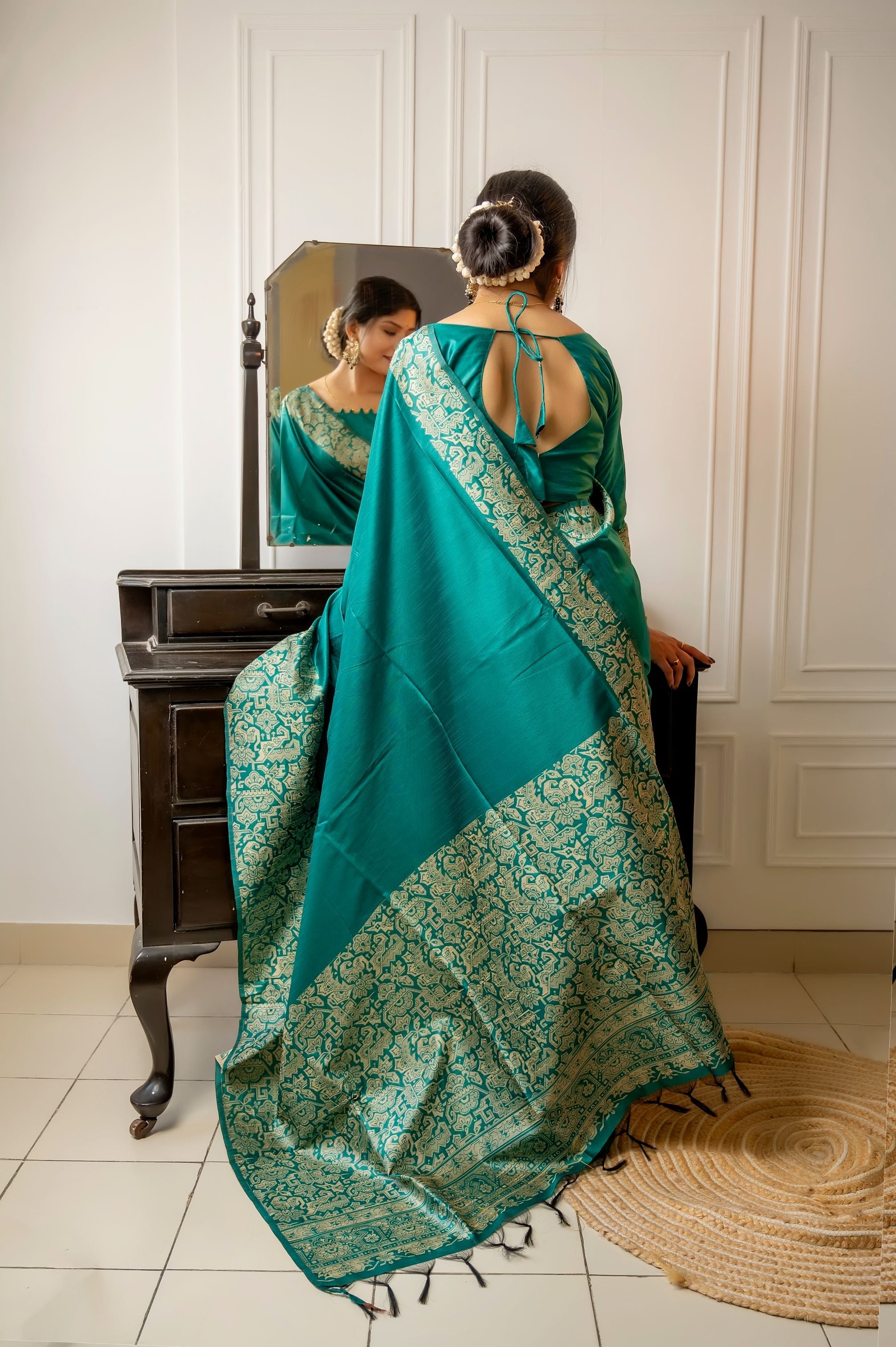 Jyoti Fashion Women's Rama Handloom Raw Silk Weaving Designer Saree with Blouse