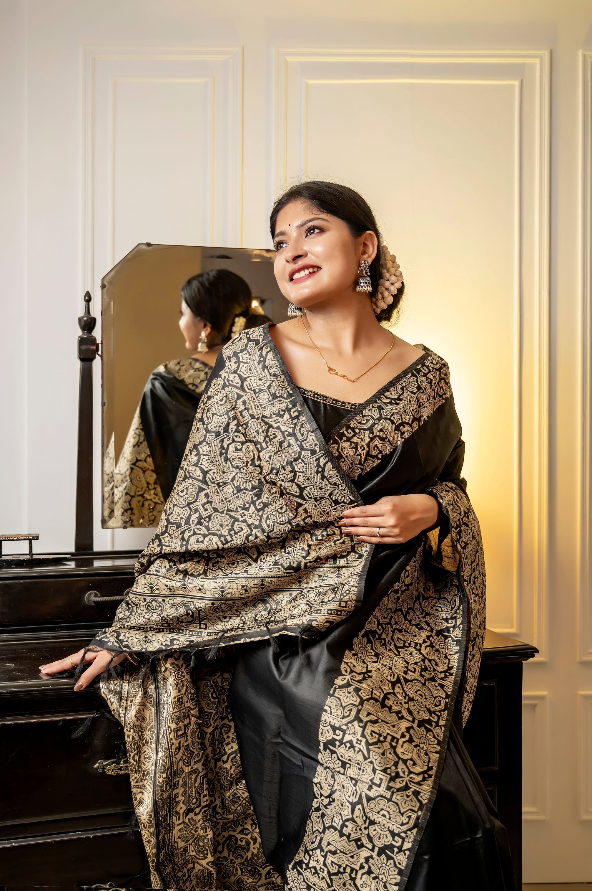 Jyoti Fashion Women's Black Handloom Raw Silk Weaving Designer Saree with Blouse