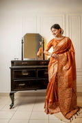 Jyoti Fashion Women's Orange Handloom Raw Silk Weaving Designer Saree with Blouse