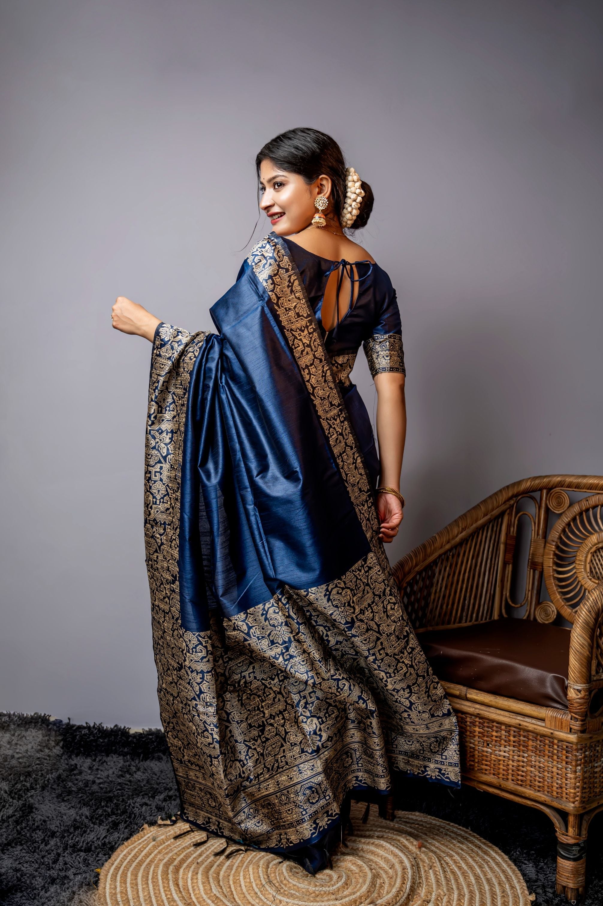 Jyoti Fashion Women's Navy Blue Handloom Raw Silk Weaving Designer Saree with Blouse