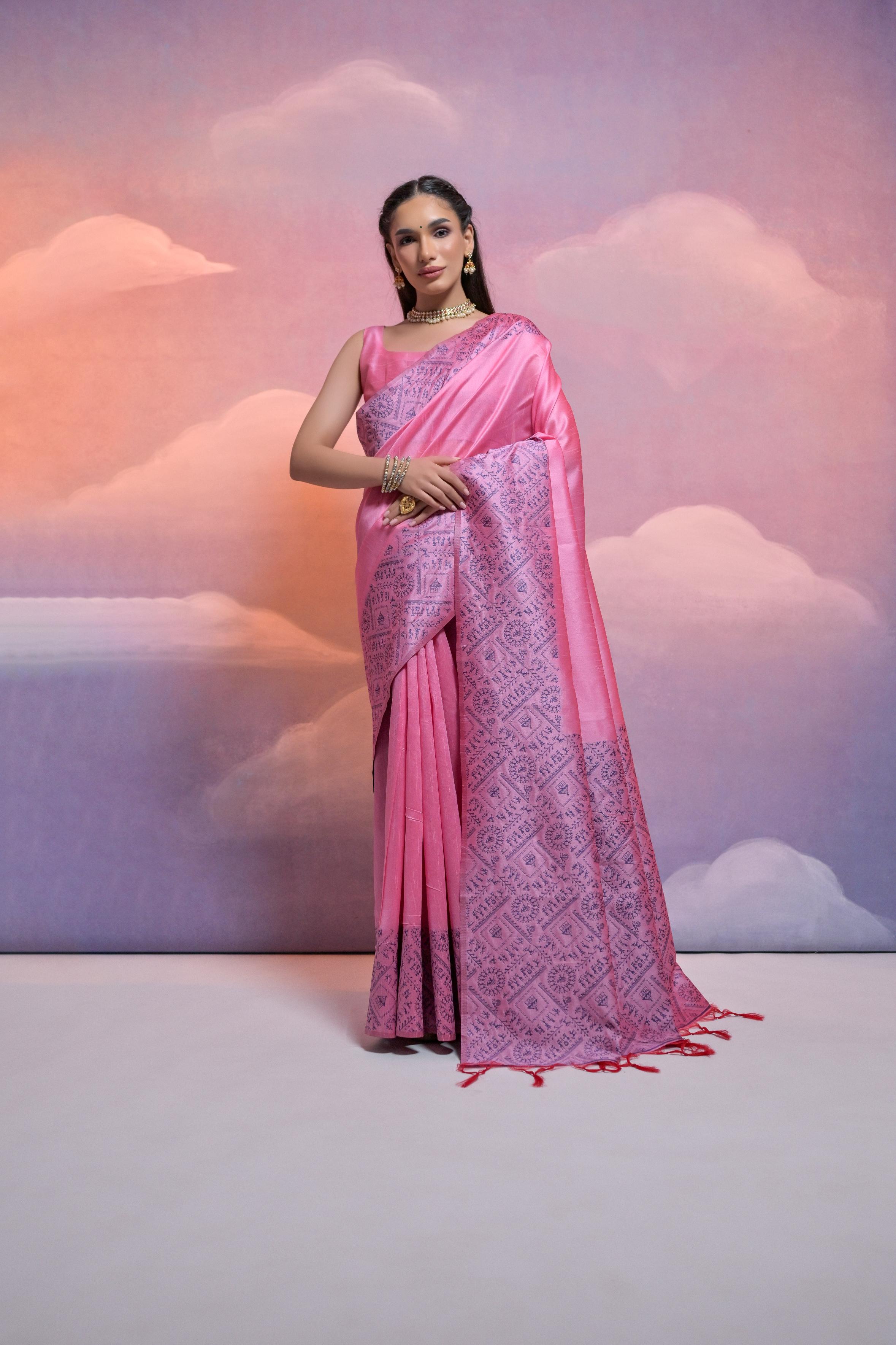 Jyoti Fashion Women's Pink Handloom Raw Silk Weaving Designer Saree with Blouse