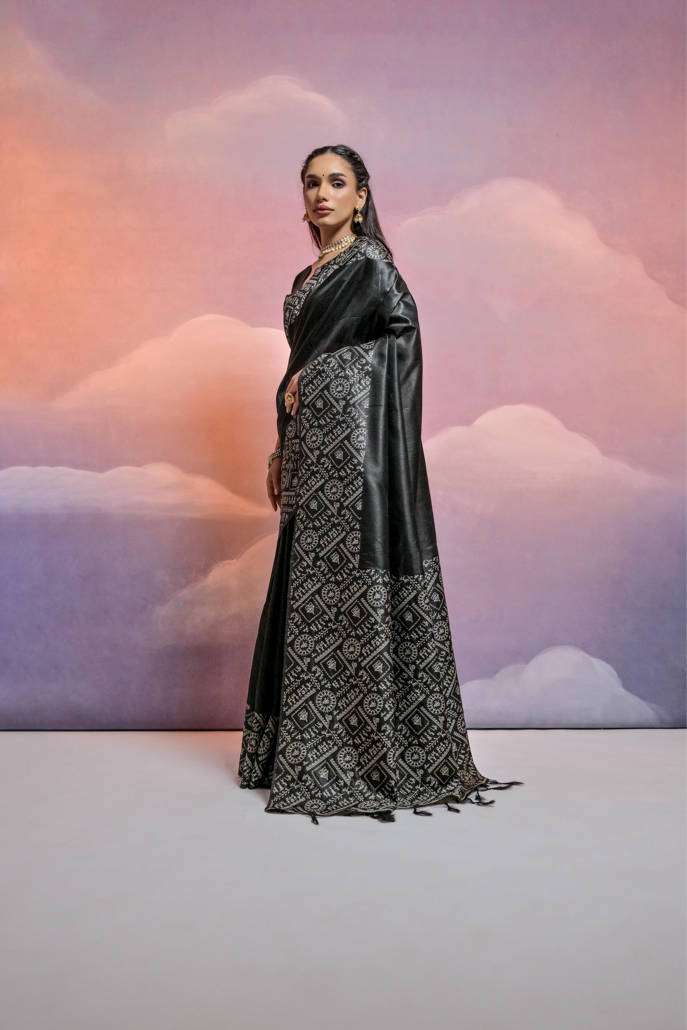 Jyoti Fashion Women's Black Handloom Raw Silk Weaving Designer Saree with Blouse
