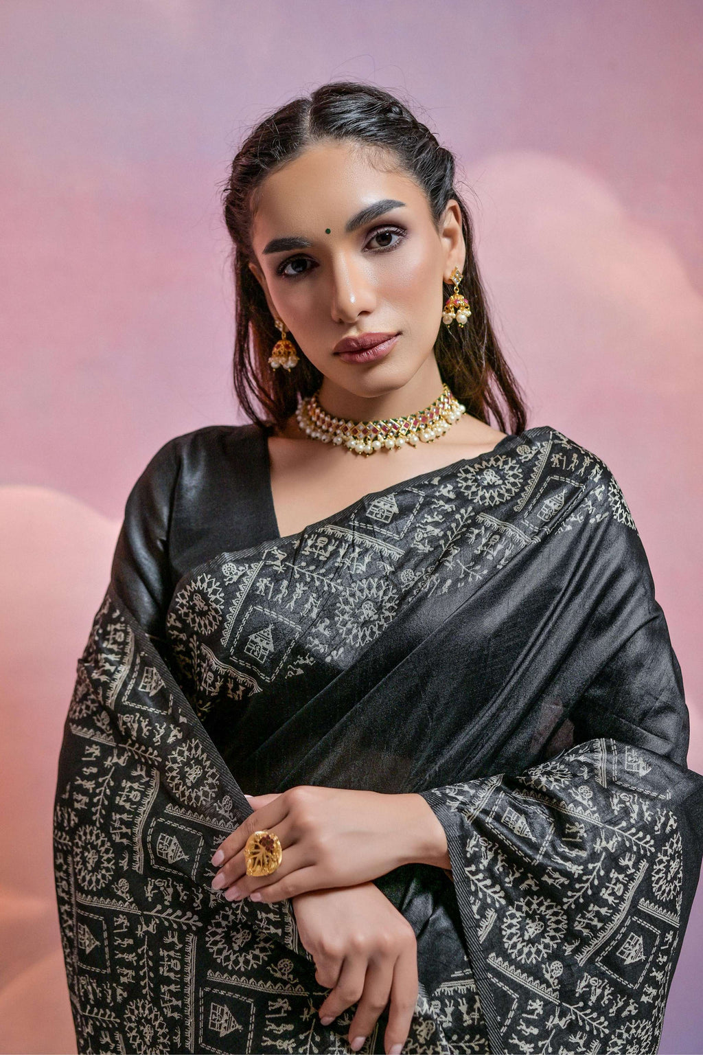 Jyoti Fashion Women's Black Handloom Raw Silk Weaving Designer Saree with Blouse