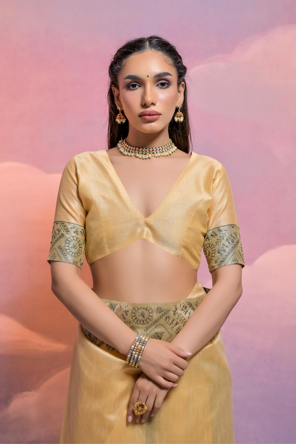 Jyoti Fashion Women's Cream Handloom Raw Silk Weaving Designer Saree with Blouse