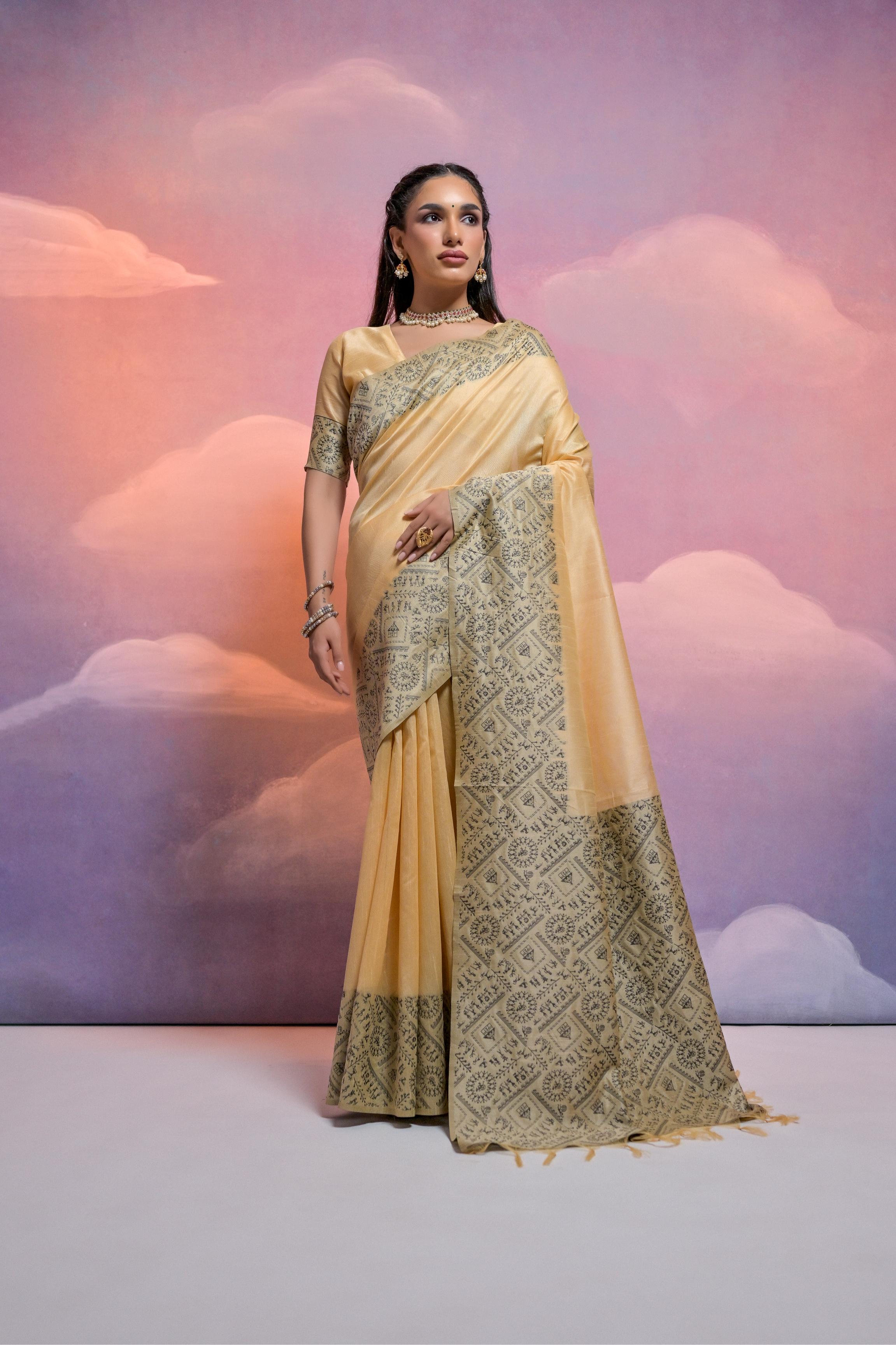 Jyoti Fashion Women's Cream Handloom Raw Silk Weaving Designer Saree with Blouse