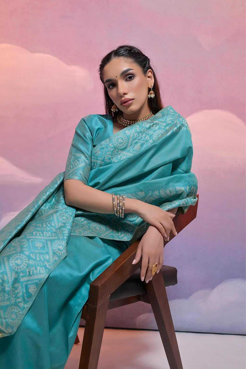 Jyoti Fashion Women's Firozi Handloom Raw Silk Weaving Designer Saree with Blouse