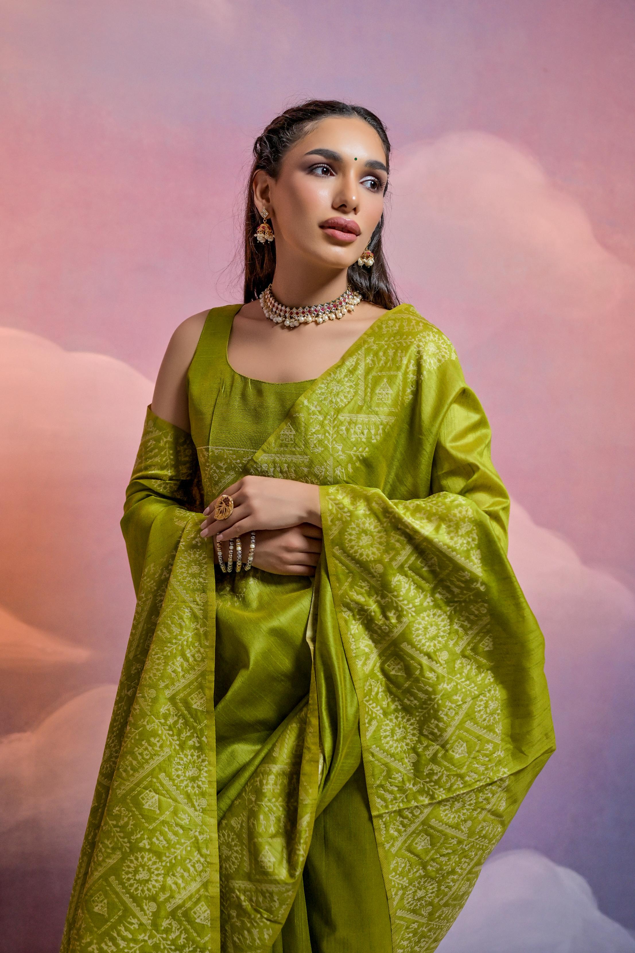 Jyoti Fashion Women's Mehendi Handloom Raw Silk Weaving Designer Saree with Blouse
