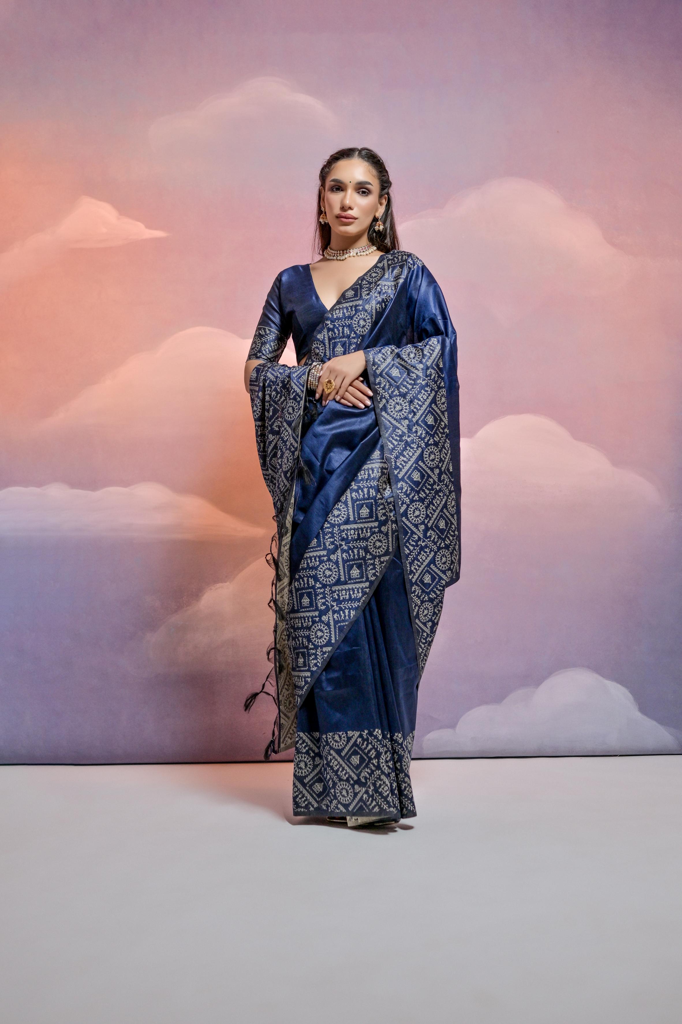 Jyoti Fashion Women's Navy Blue Handloom Raw Silk Weaving Designer Saree with Blouse