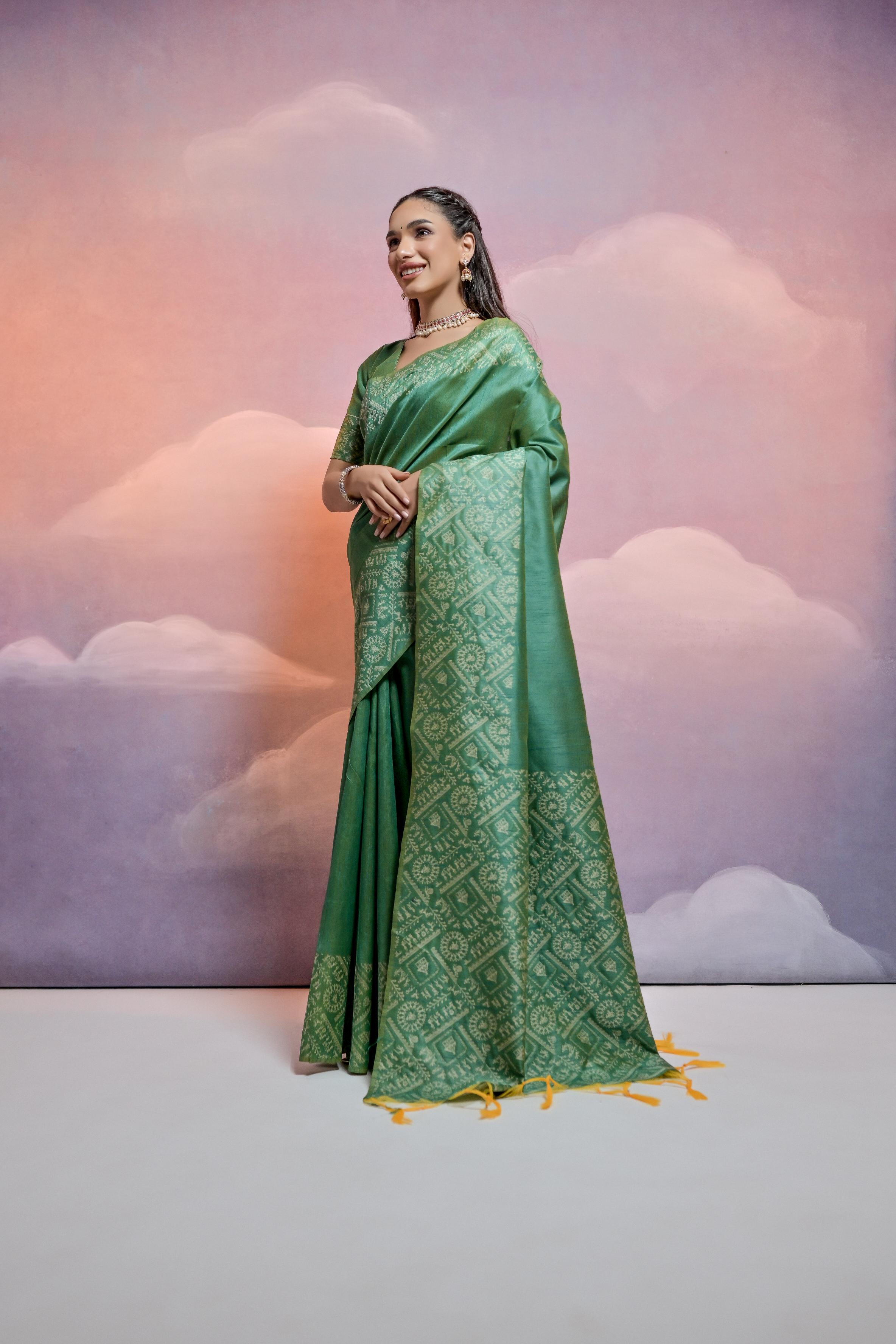 Jyoti Fashion Women's Green Handloom Raw Silk Weaving Designer Saree with Blouse