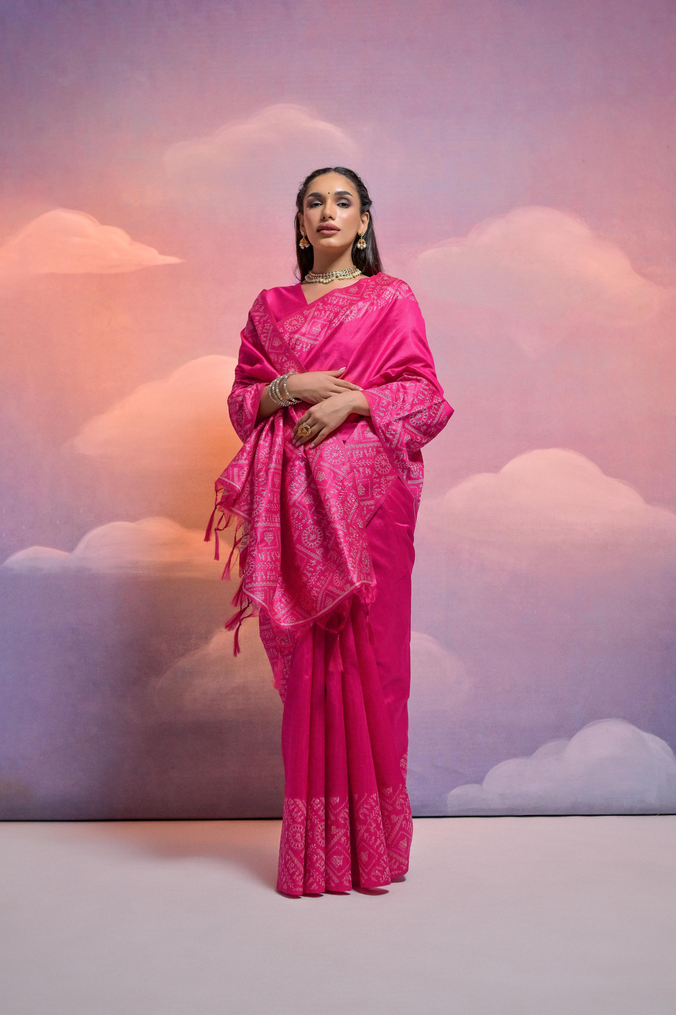 Jyoti Fashion Women's Rani Pink Handloom Raw Silk Weaving Designer Saree with Blouse