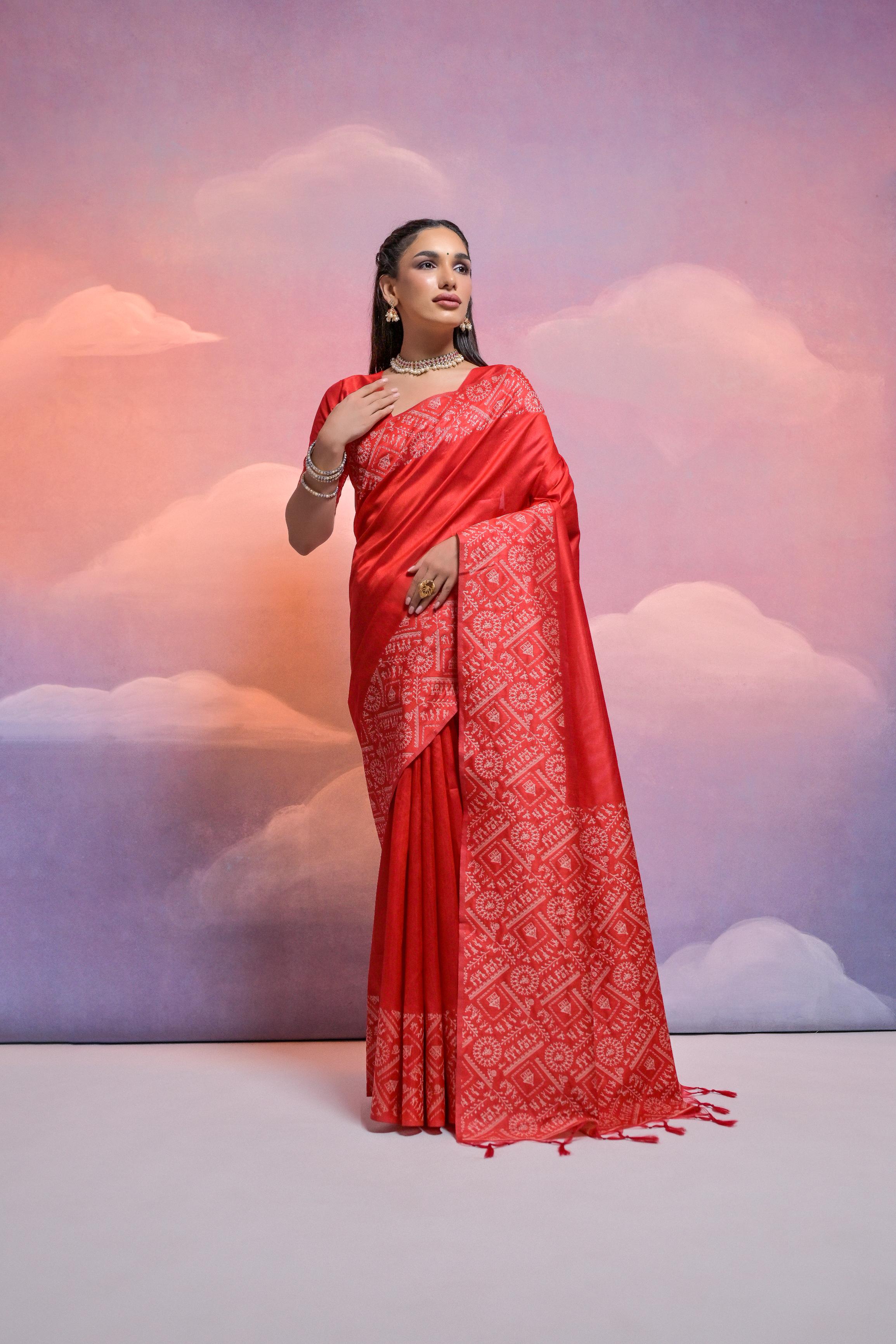 Jyoti Fashion Women's Red Handloom Raw Silk Weaving Designer Saree with Blouse