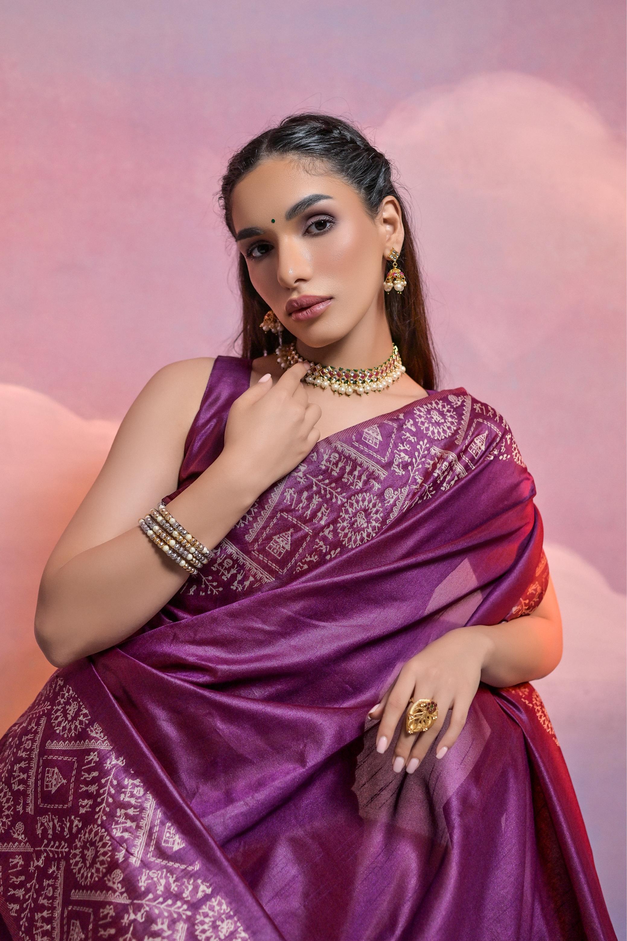 Jyoti Fashion Women's Wine Handloom Raw Silk Weaving Designer Saree with Blouse
