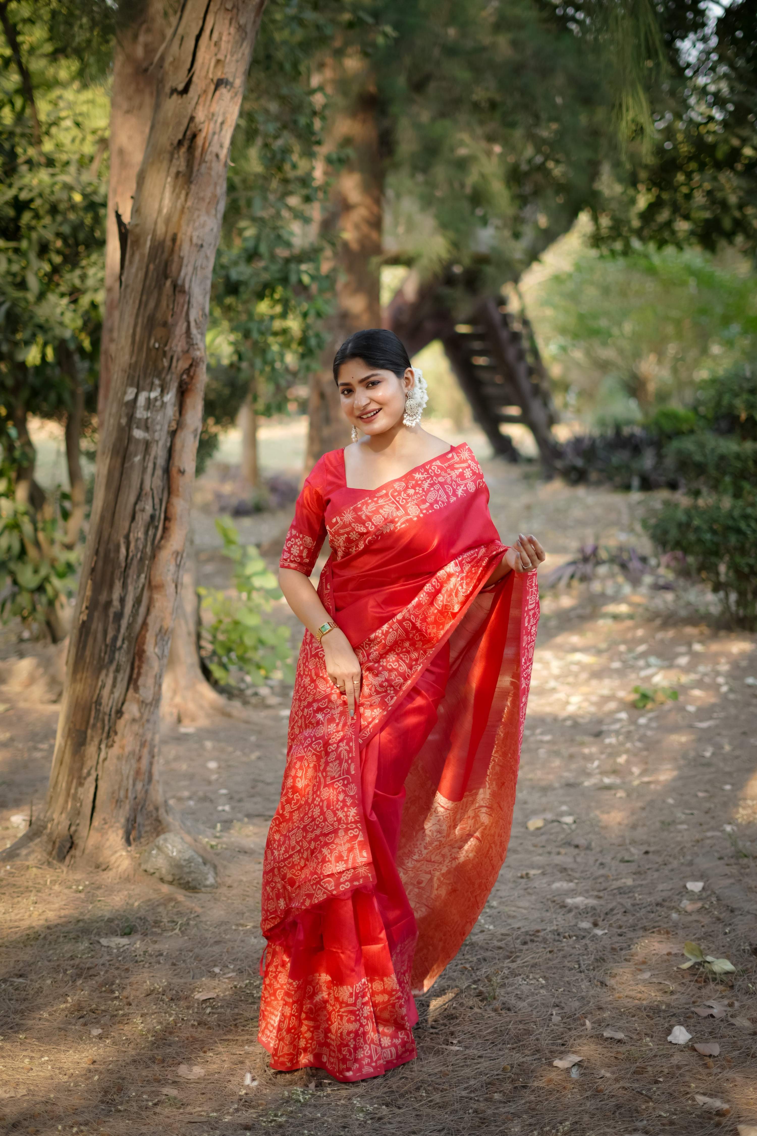 Jyoti Fashion Women's Red Handloom Raw Silk Weaving Designer Saree with Blouse