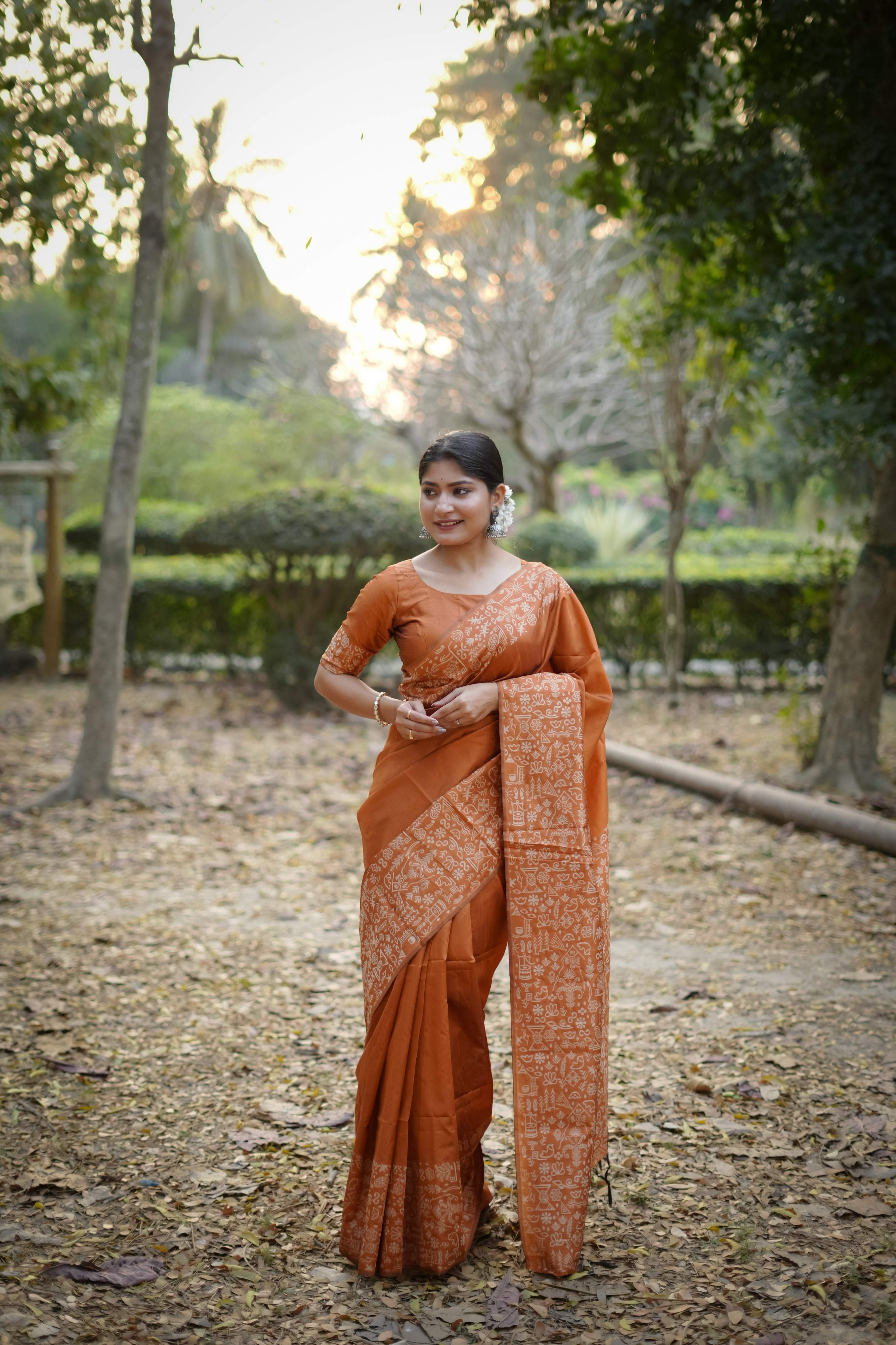 Jyoti Fashion Women's Orange Handloom Raw Silk Weaving Designer Saree with Blouse