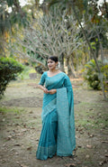 Jyoti Fashion Women's Firozi Handloom Raw Silk Weaving Designer Saree with Blouse