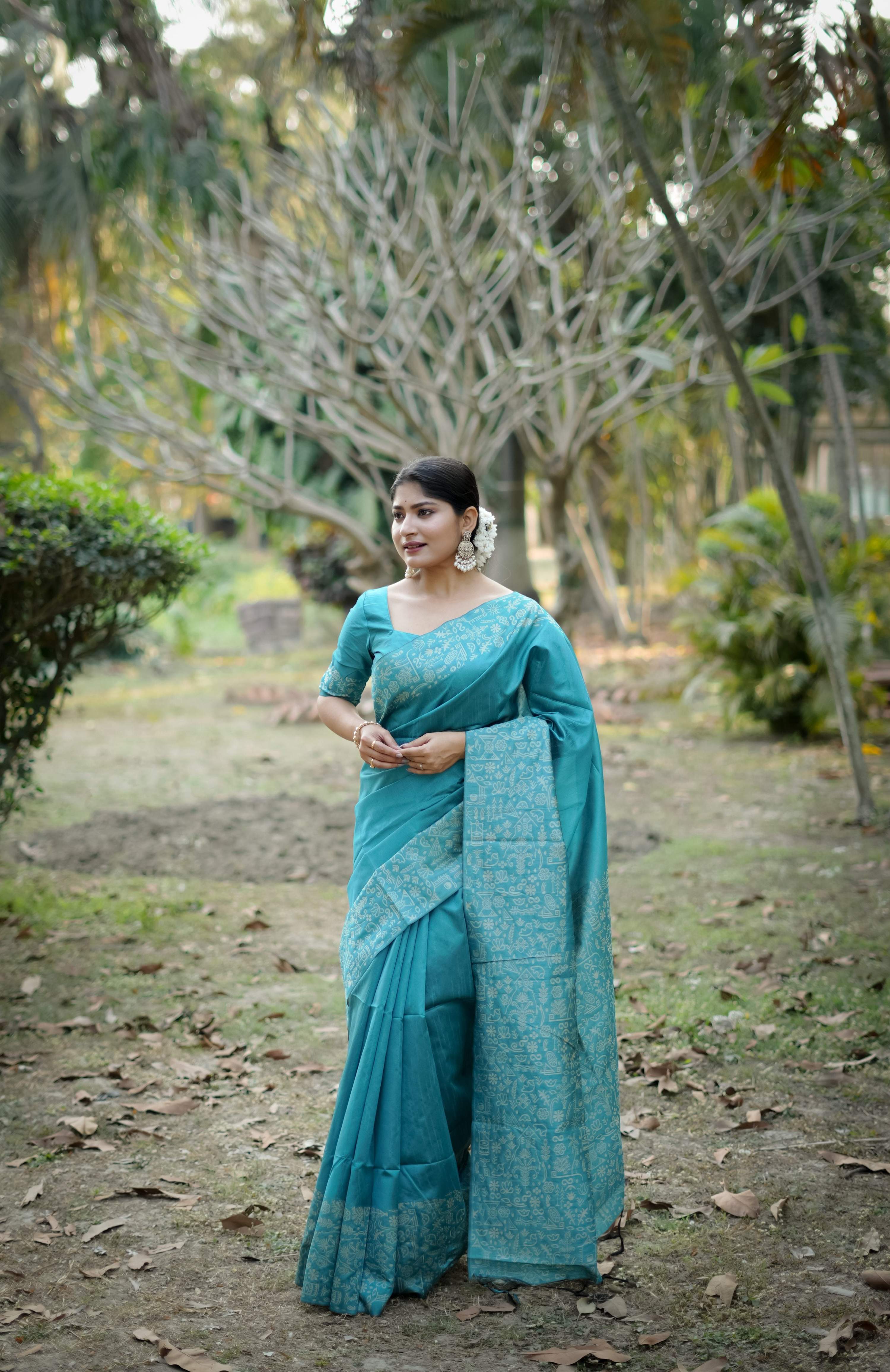 Jyoti Fashion Women's Firozi Handloom Raw Silk Weaving Designer Saree with Blouse