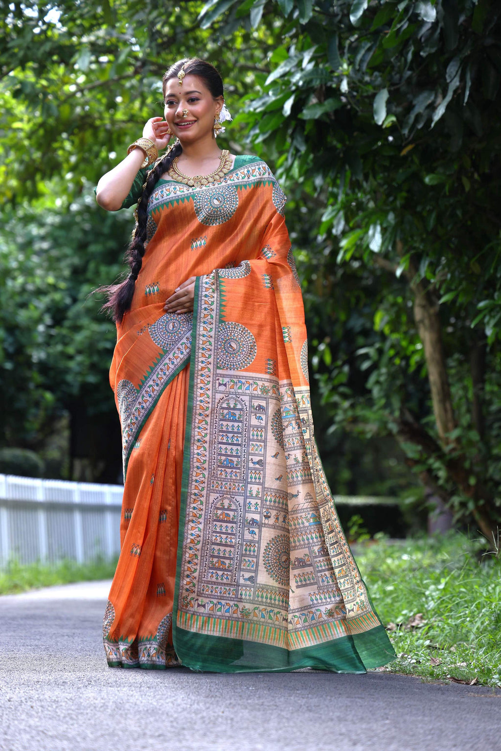 Jyoti Fashion Women's Orange Soft Tussar Silk Printed Designer Saree with Blouse