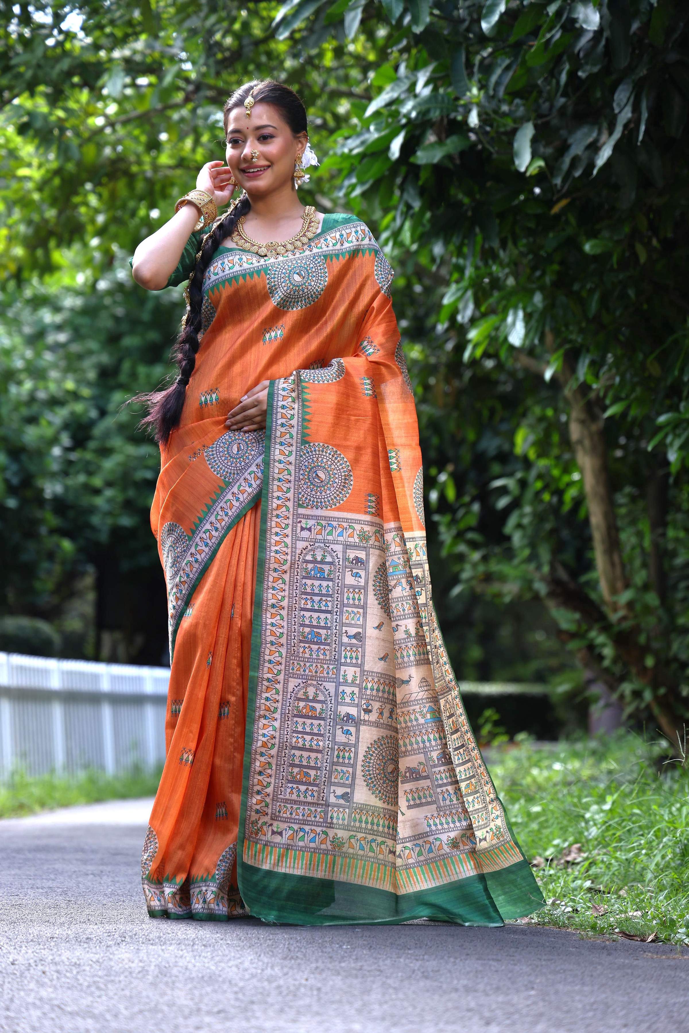 Jyoti Fashion Women's Orange Soft Tussar Silk Printed Designer Saree with Blouse