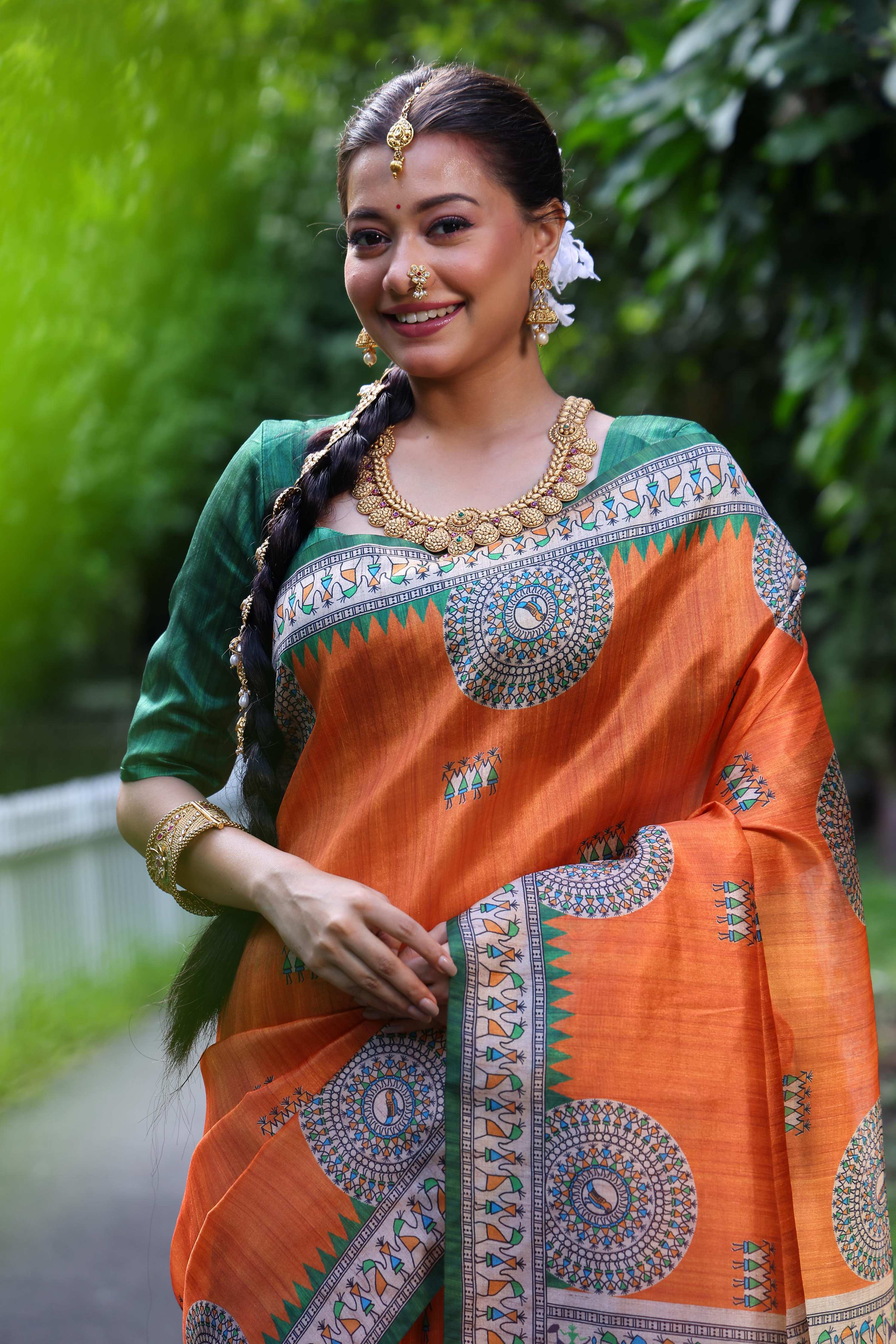 Jyoti Fashion Women's Orange Soft Tussar Silk Printed Designer Saree with Blouse