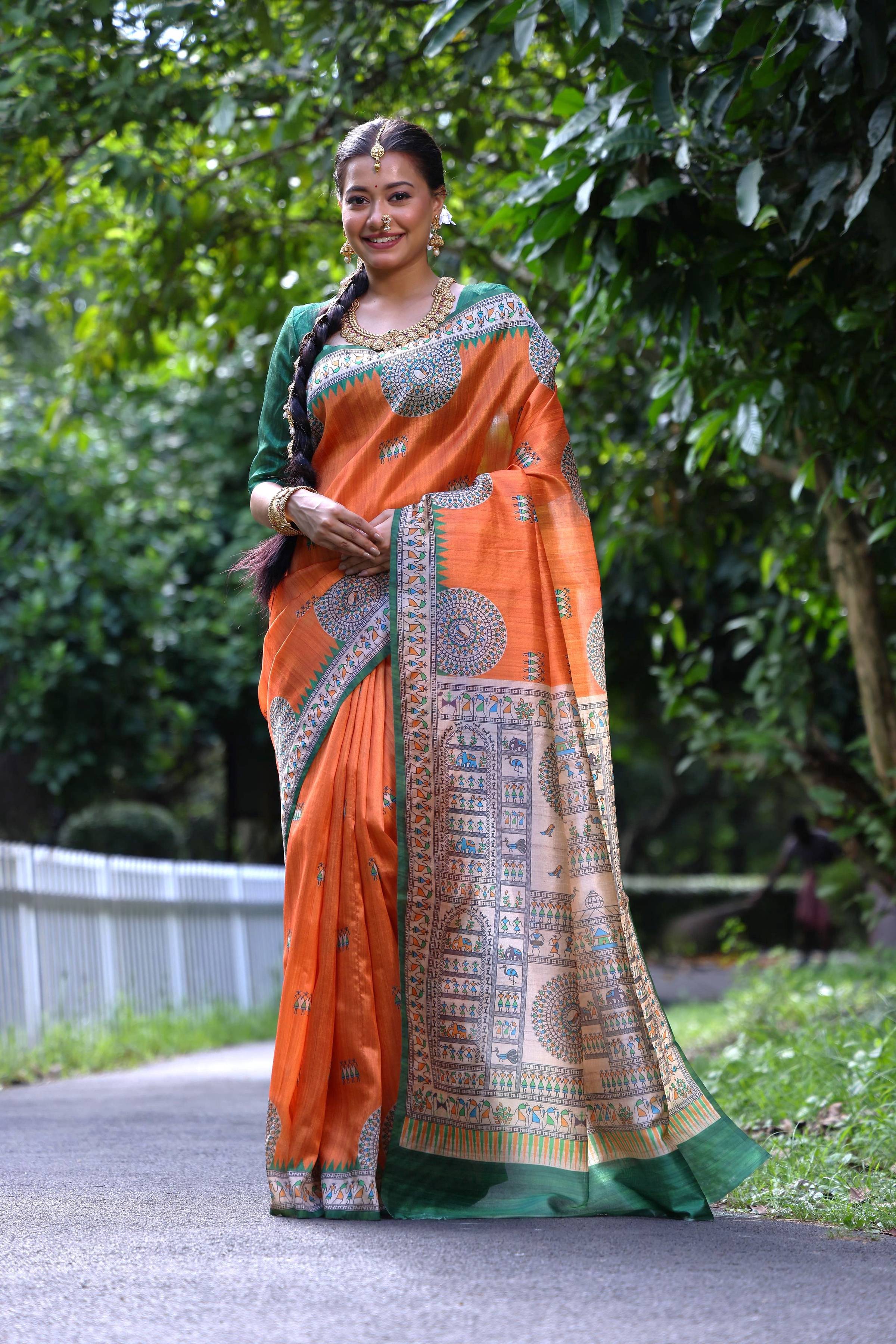 Jyoti Fashion Women's Orange Soft Tussar Silk Printed Designer Saree with Blouse