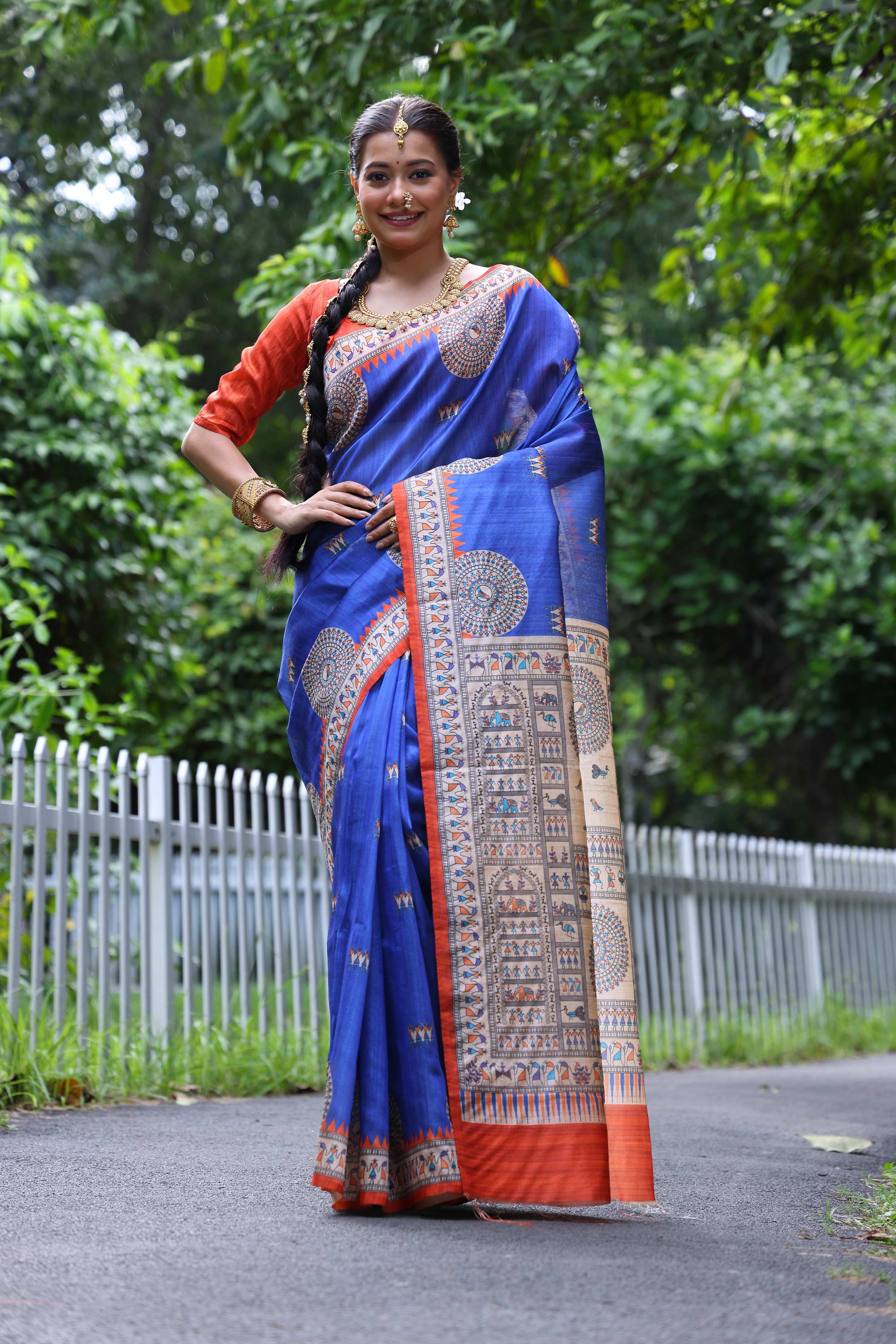 Jyoti Fashion Women's Blue Soft Tussar Silk Printed Designer Saree with Blouse