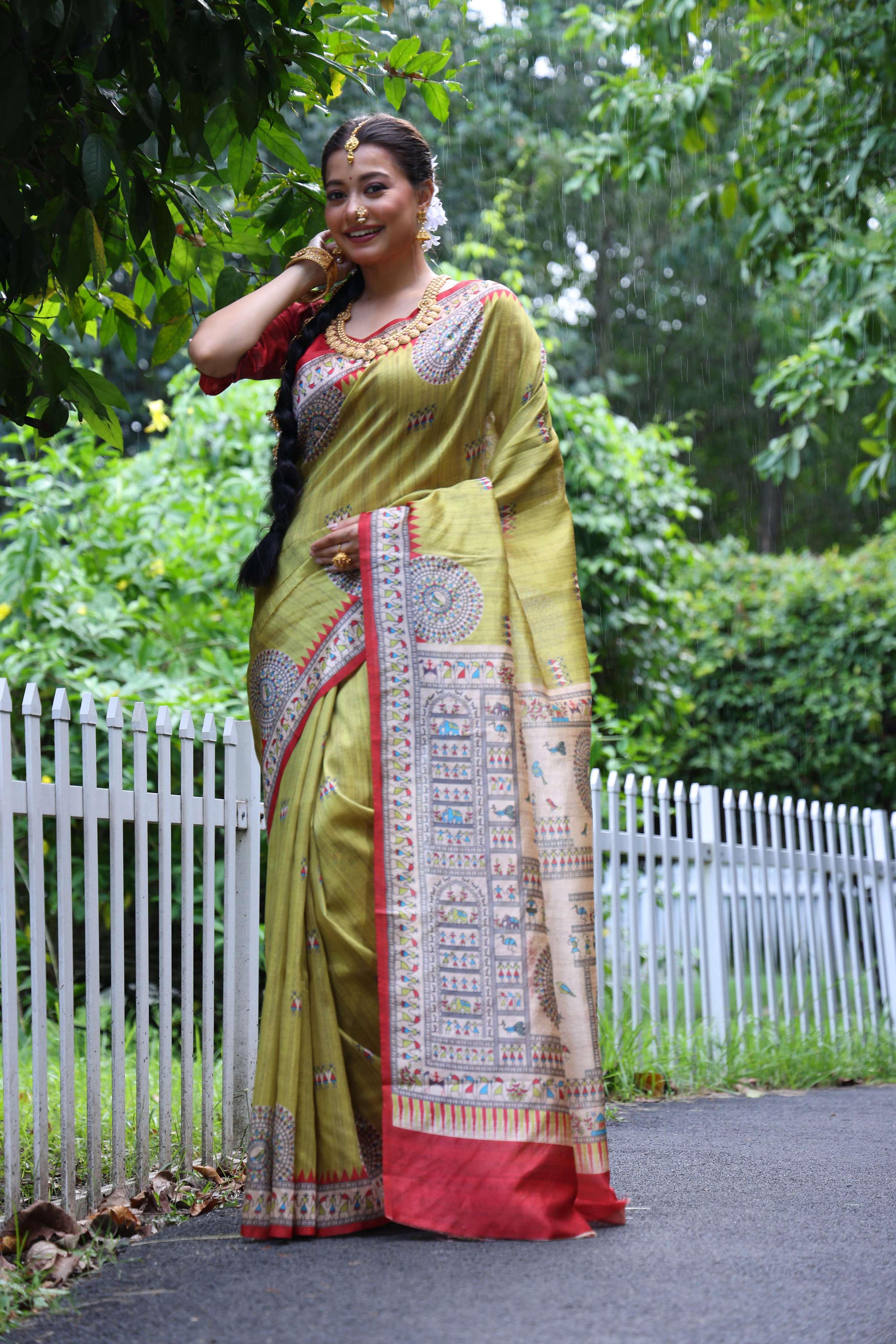 Jyoti Fashion Women's Green Soft Tussar Silk Printed Designer Saree with Blouse