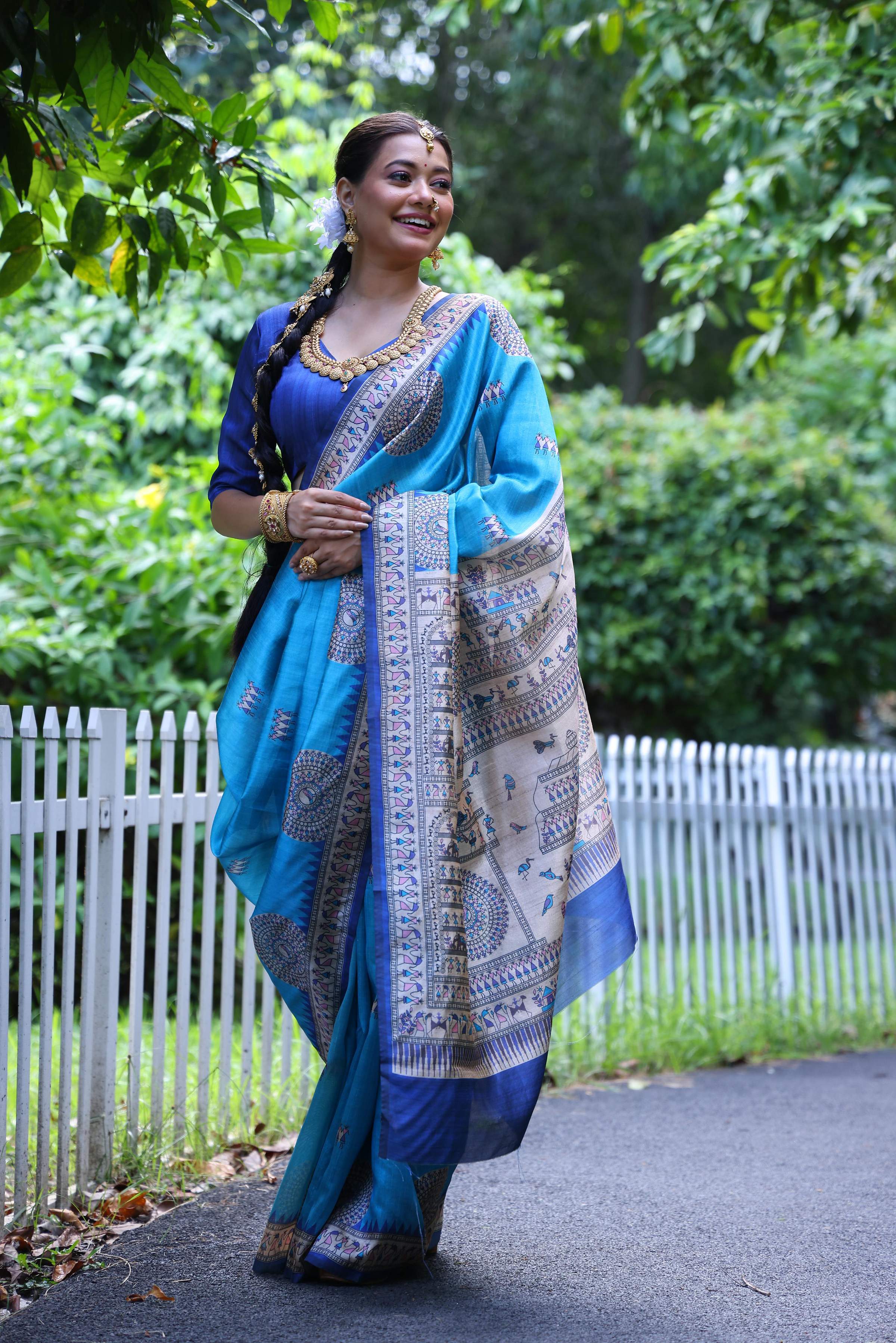 Jyoti Fashion Women's Firozi Soft Tussar Silk Printed Designer Saree with Blouse