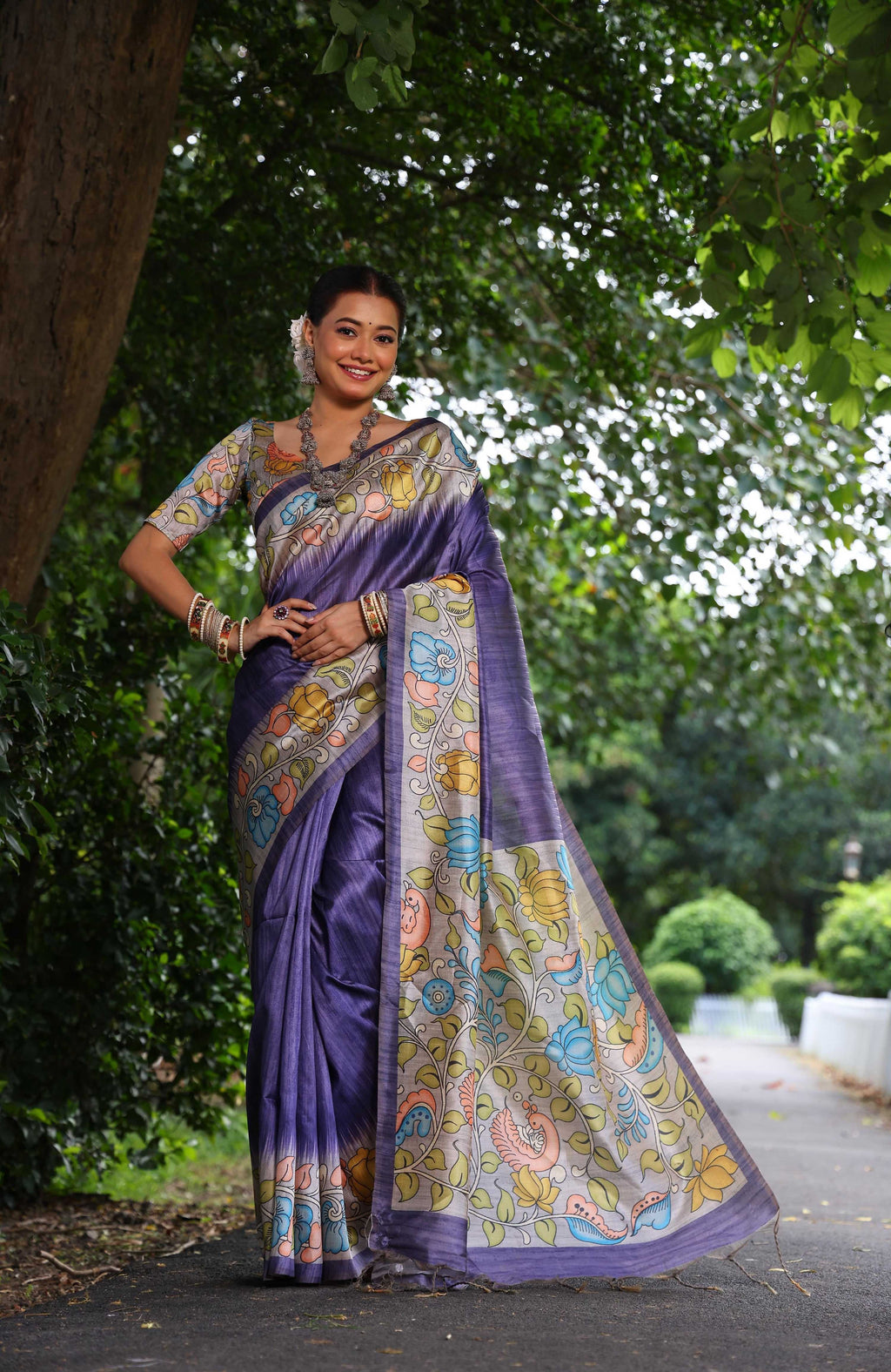Jyoti Fashion Women's Purple Soft Tussar Silk Kalamkari Printed Designer Saree with Blouse