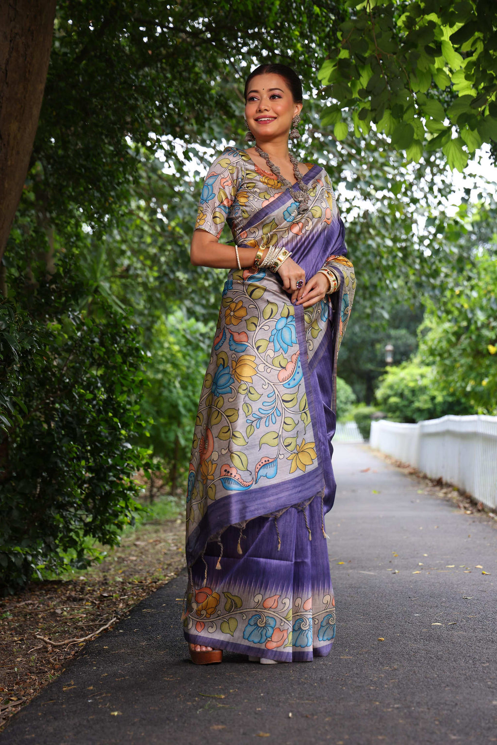Jyoti Fashion Women's Purple Soft Tussar Silk Kalamkari Printed Designer Saree with Blouse