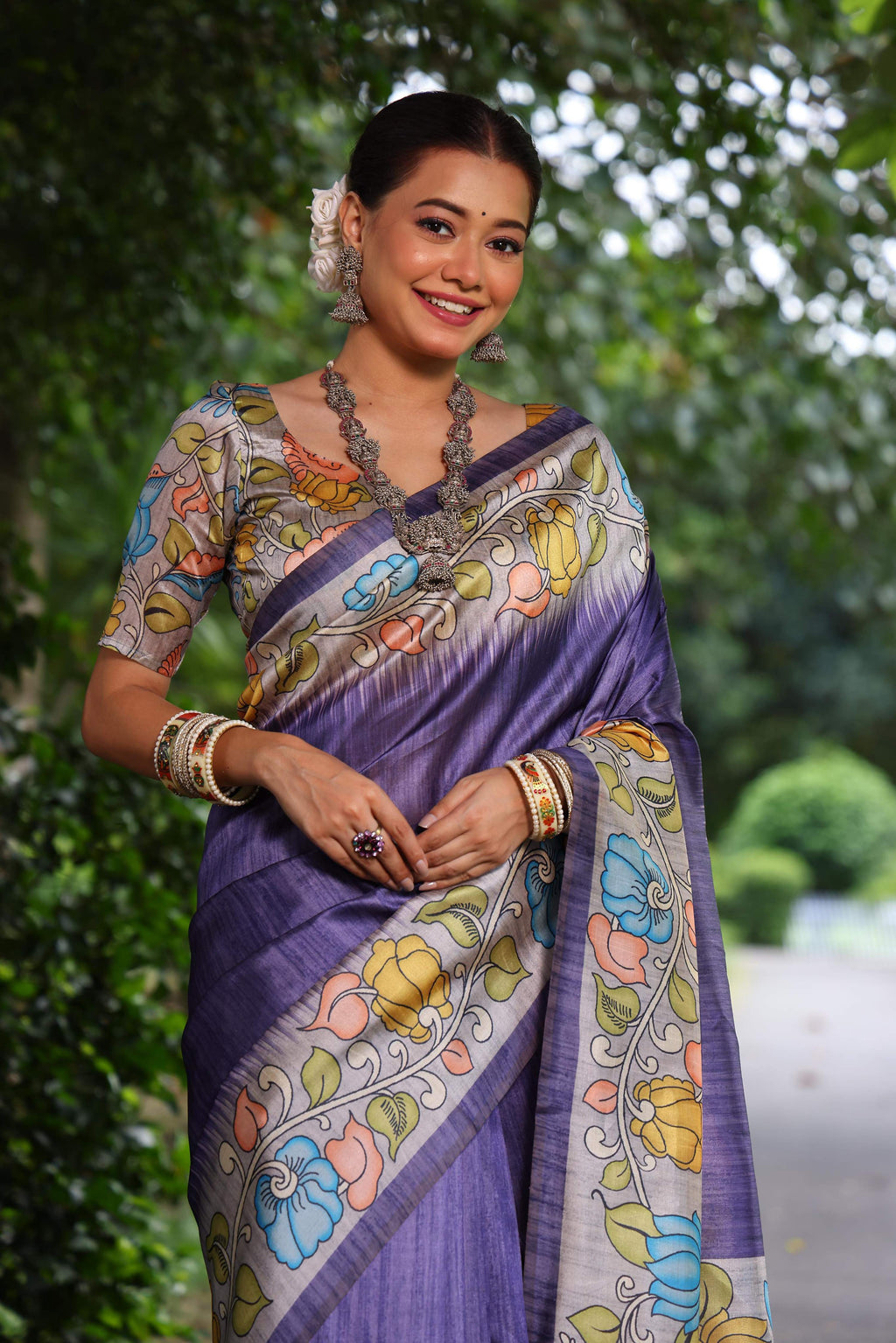 Jyoti Fashion Women's Purple Soft Tussar Silk Kalamkari Printed Designer Saree with Blouse